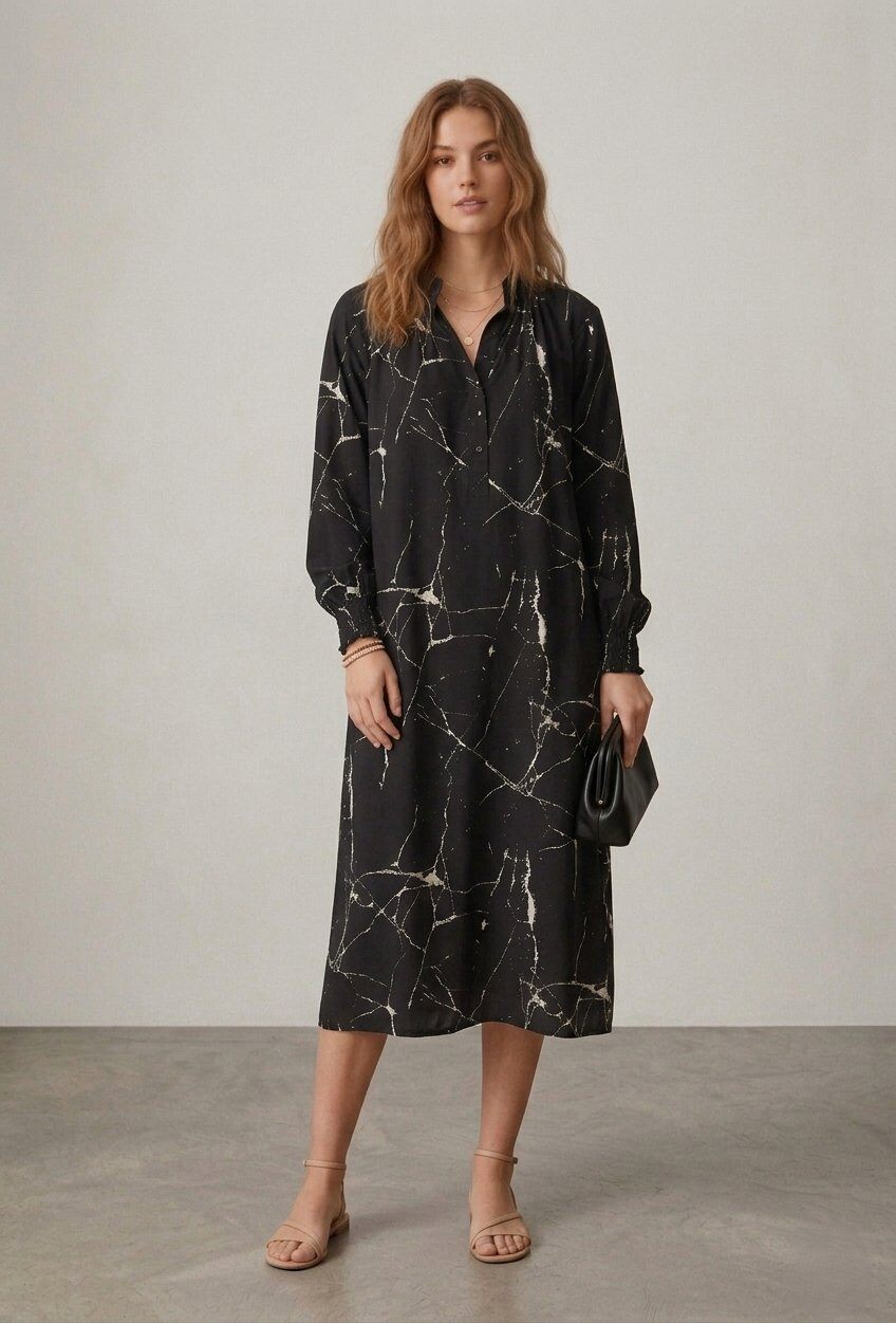 Großhändler Max & Enjoy (Vêtements) - Langes Kleid aus Seide und Viskose, V-Ausschnitt, lange Ärmel