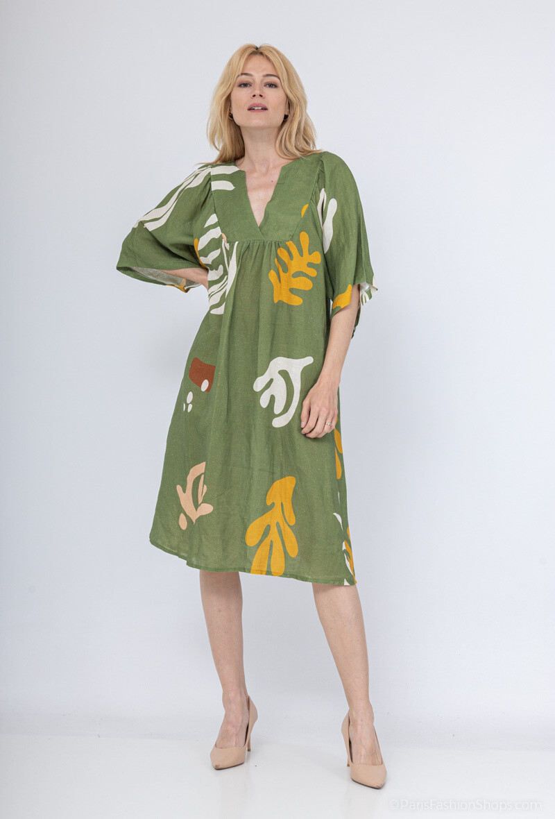 Grossiste Max & Enjoy (Vêtements) - Robe 100% LIN, oversize, col v, manches courtes