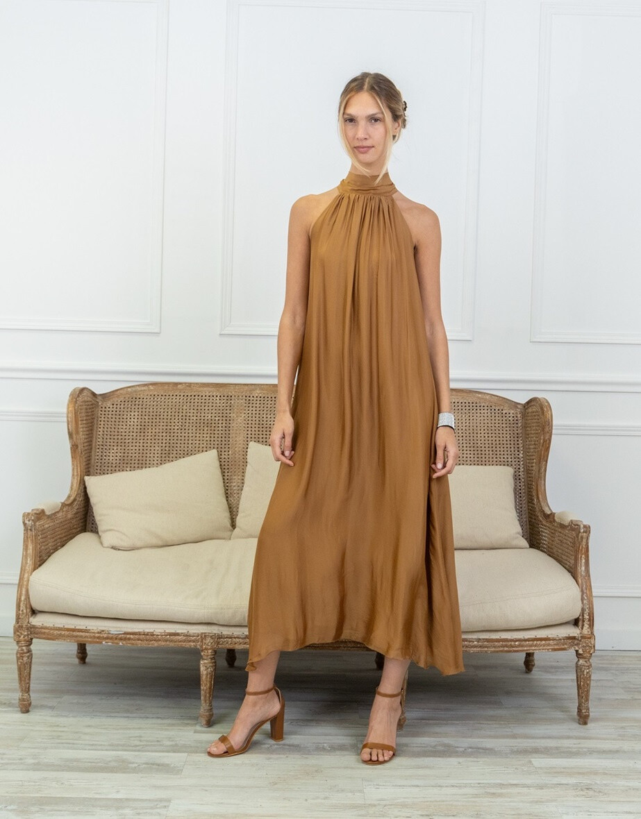 Wholesaler Max & Enjoy (Vêtements) - Long silk blend dress with high neck and ties - 30400