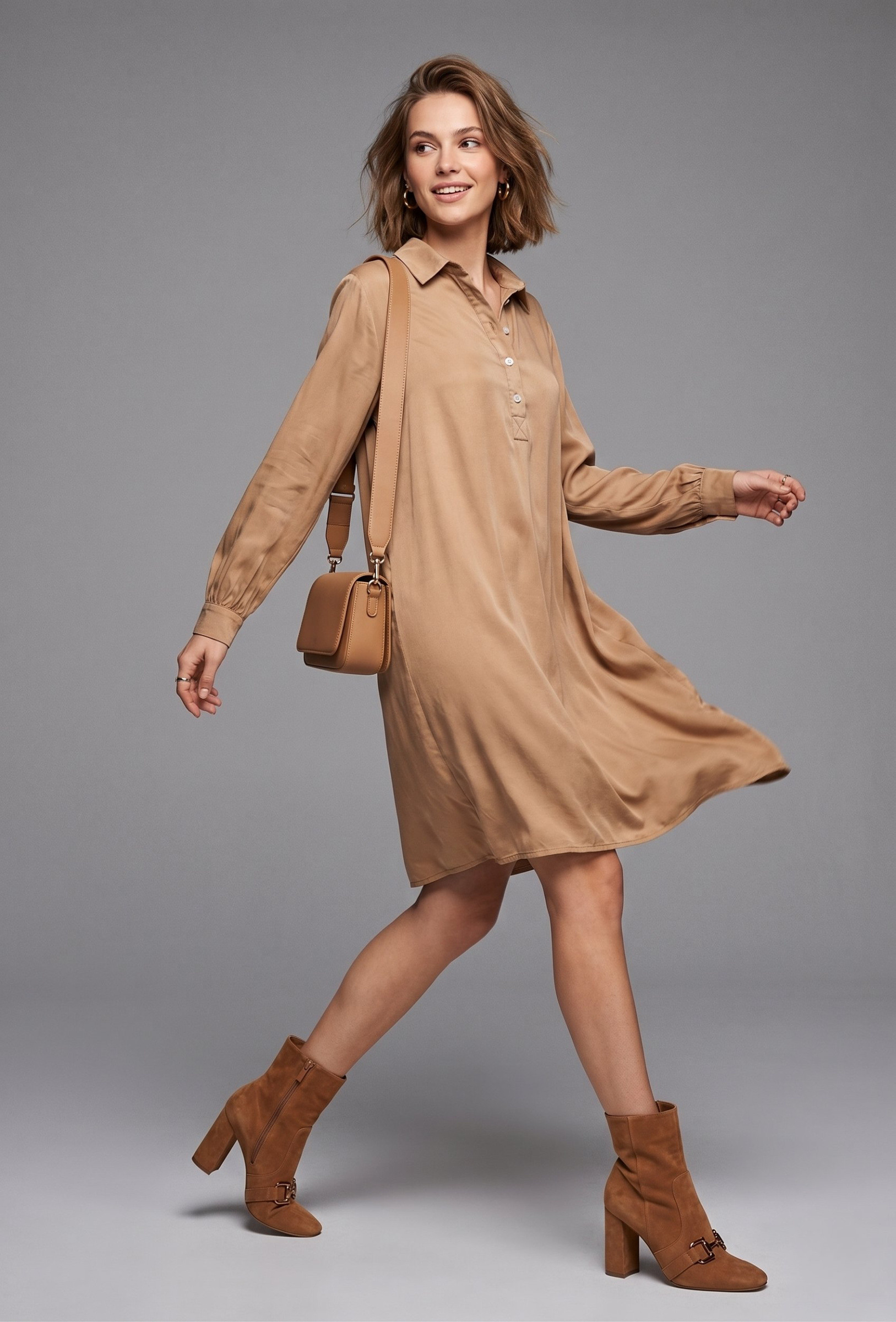 Großhändler Max & Enjoy (Vêtements) - Kurzes Kleid mit Hemdkragen, lange Ärmel aus Seidenmischung