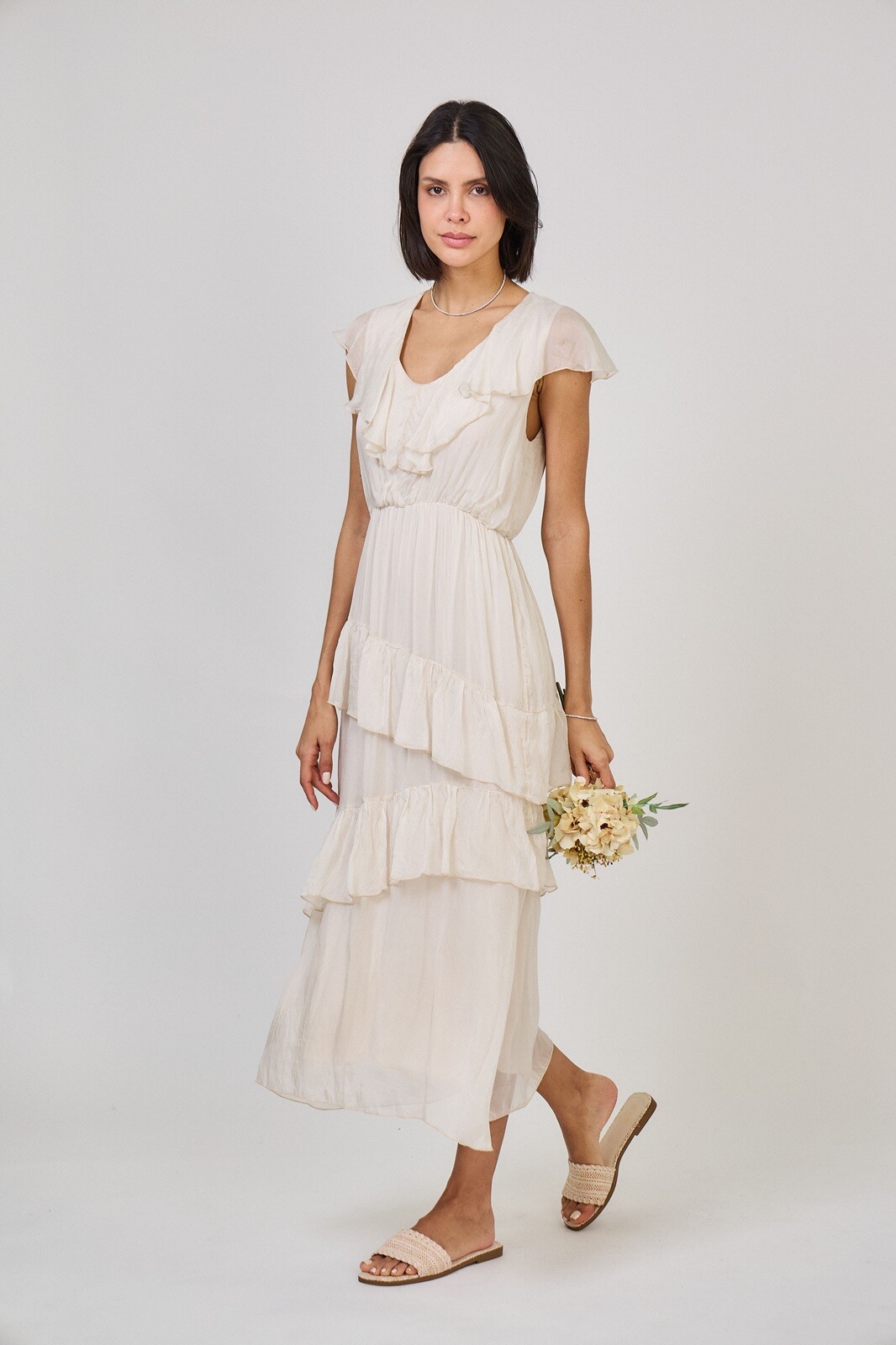 Großhändler Max & Enjoy (Vêtements) - Langes Kleid mit Rüschen aus Seidenmischung mit luftigem Effekt
