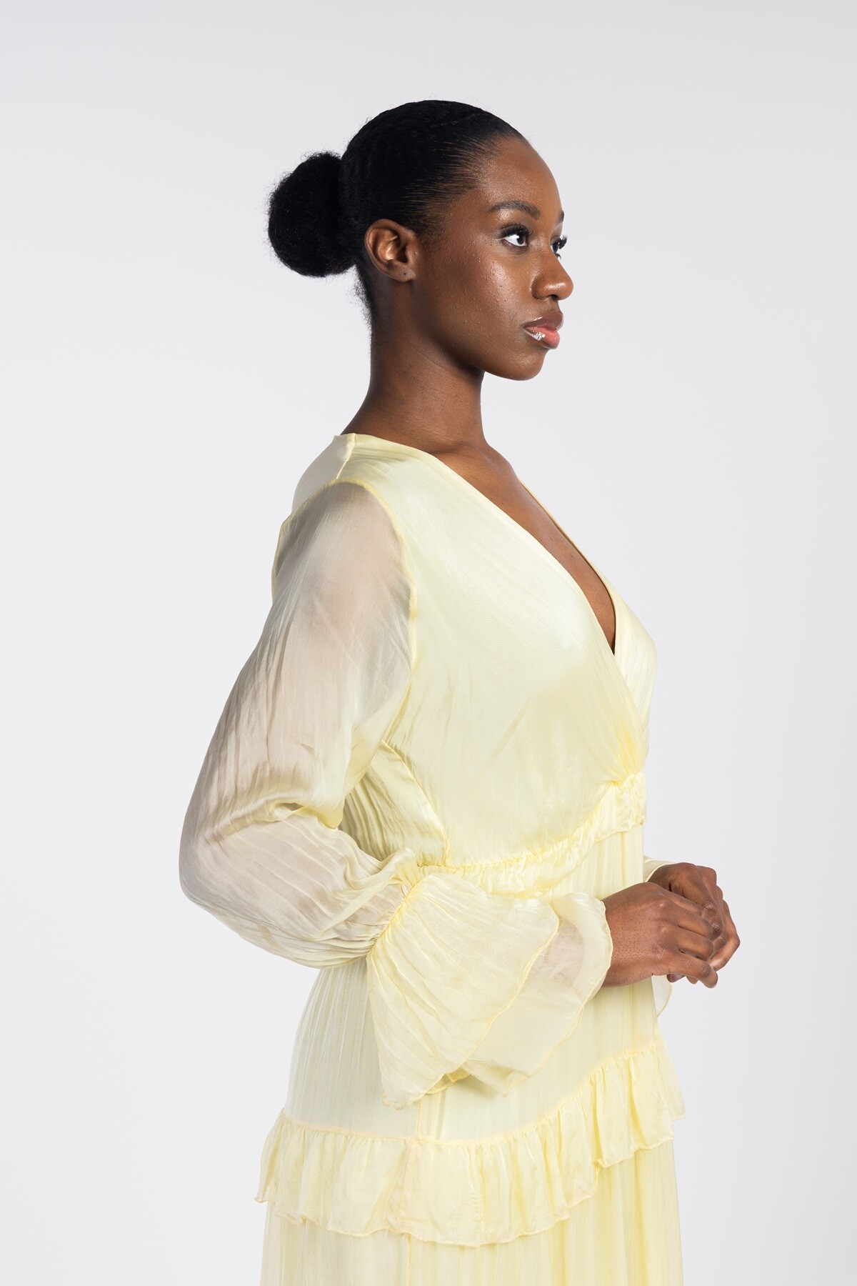 Long Flowy Robe FLOWY LONG DRESS – RUFFLES & CROSSOVER NECKLINE | Paris Fashion Shops