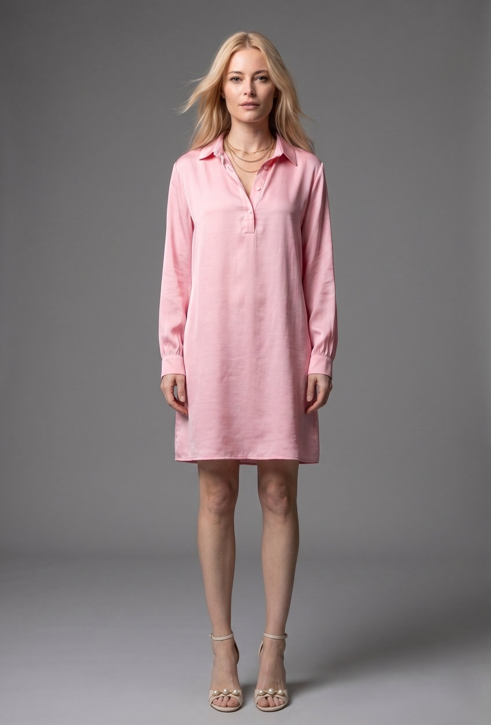 Grossiste Max & Enjoy (Vêtements) - Robe courte col chemise, manches longues en soie mélangée