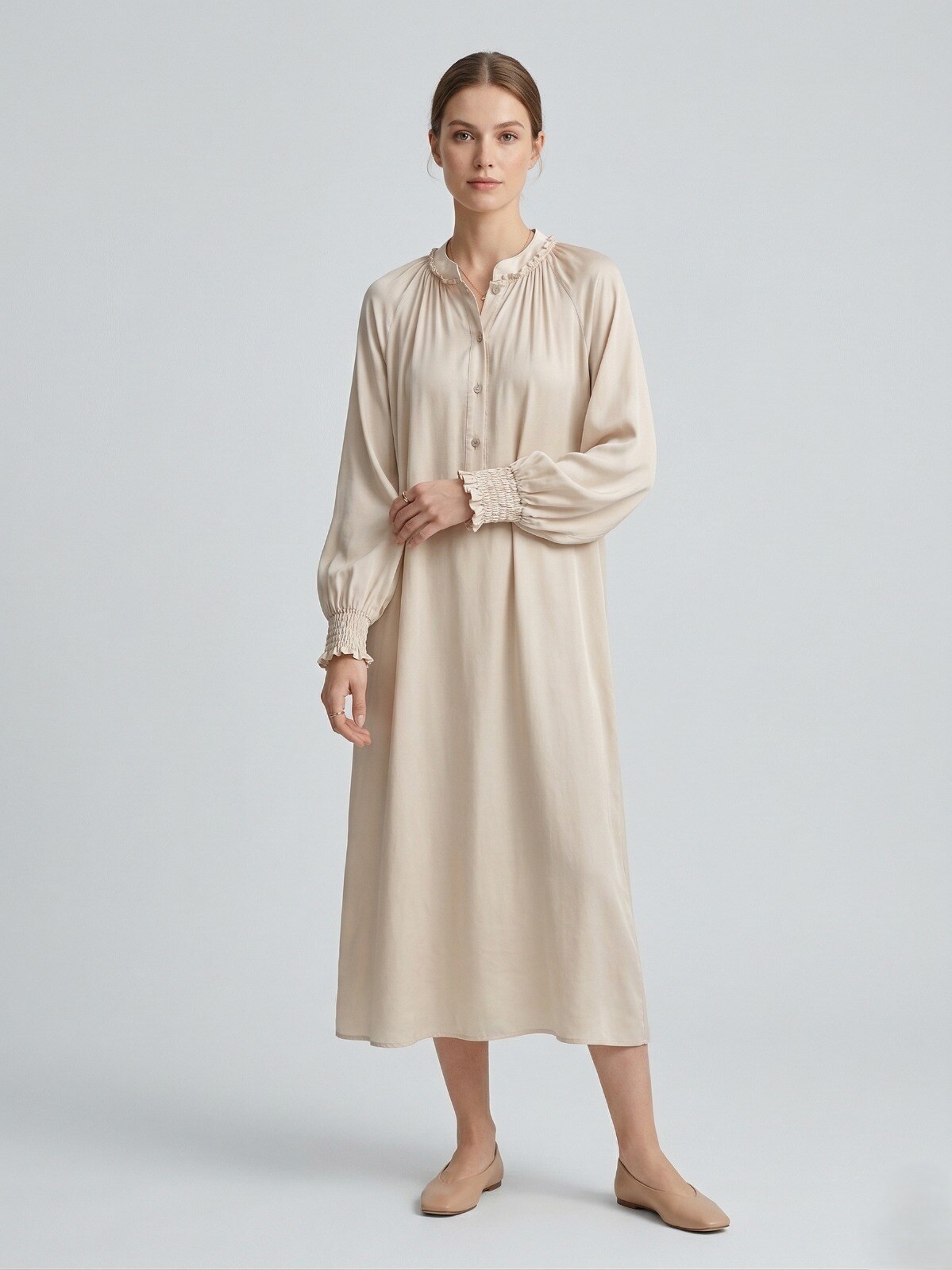 Mayorista Max & Enjoy (Vêtements) - Vestido Largo con Cuello Mao en Seda Lavada