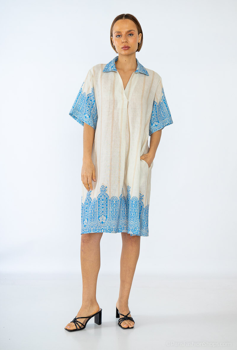 Grossiste Max & Enjoy (Vêtements) - Robe en LIN imprimée, col chemise v, manches courtes