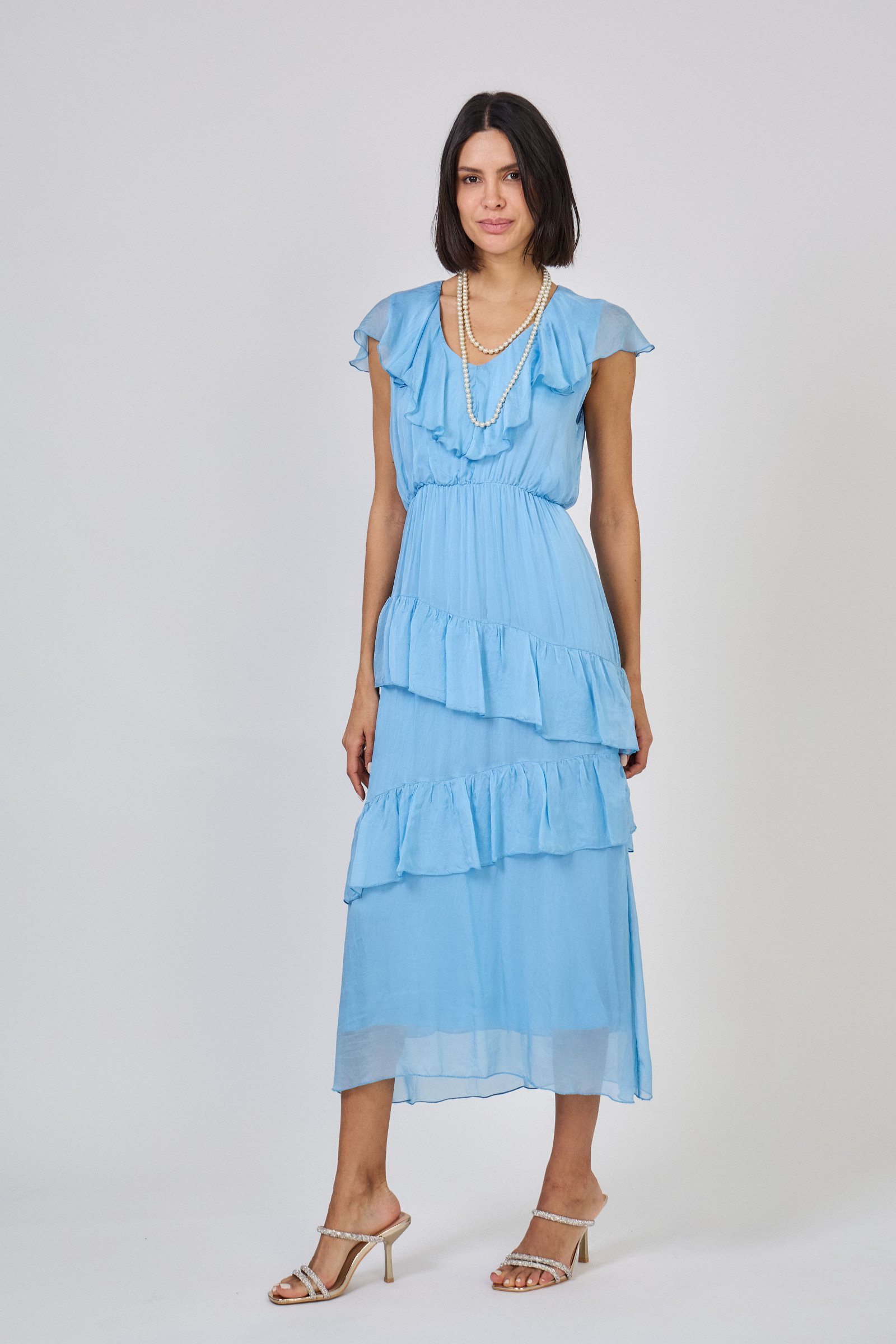 Grossiste Max & Enjoy (Vêtements) - Robe longue à volants en soie mélangée effet vaporeux