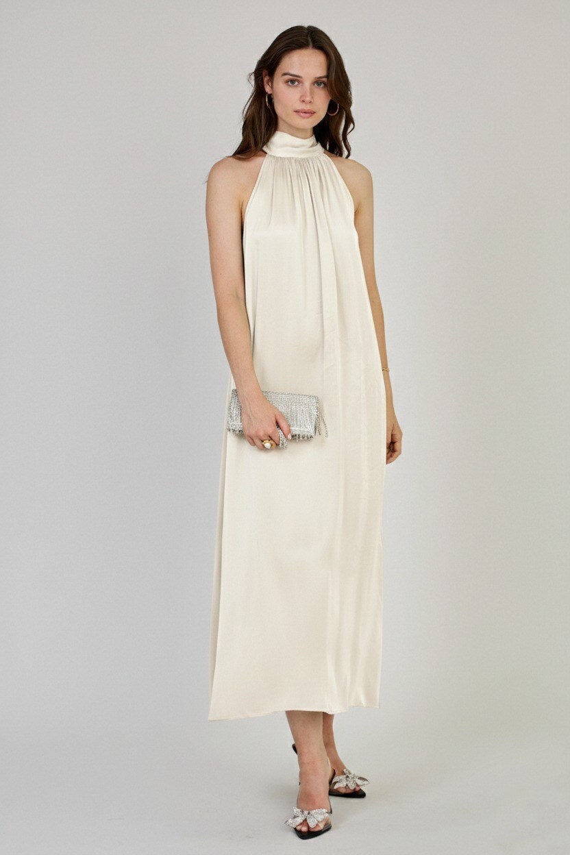 Grossiste Max & Enjoy (Vêtements) - Robe longue col drapé – Soie mélangée satinée