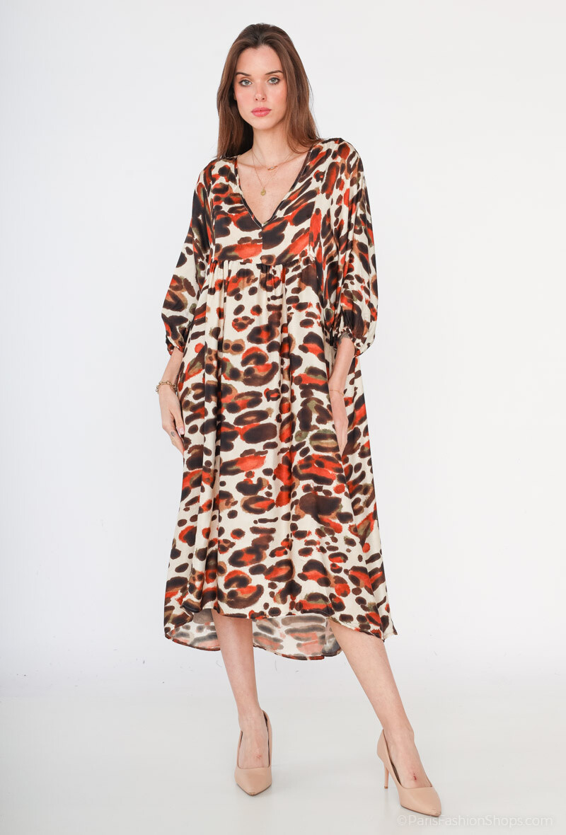 Grossiste Max & Enjoy (Vêtements) - Robe longue imprimée Léopard en soie mélangée effet satiné