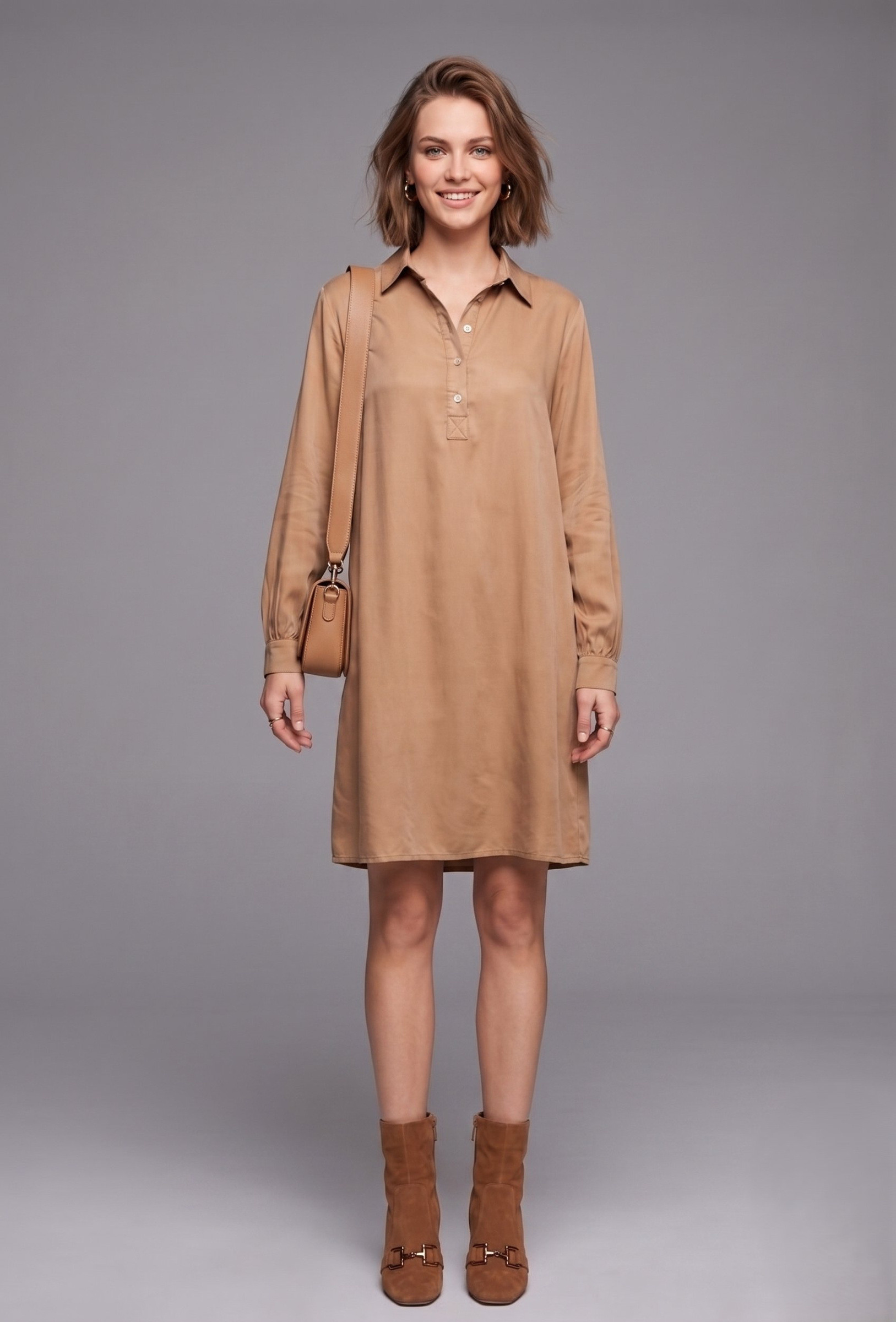 Wholesaler Max & Enjoy (Vêtements) - Short dress with shirt collar, long sleeves in blended silk