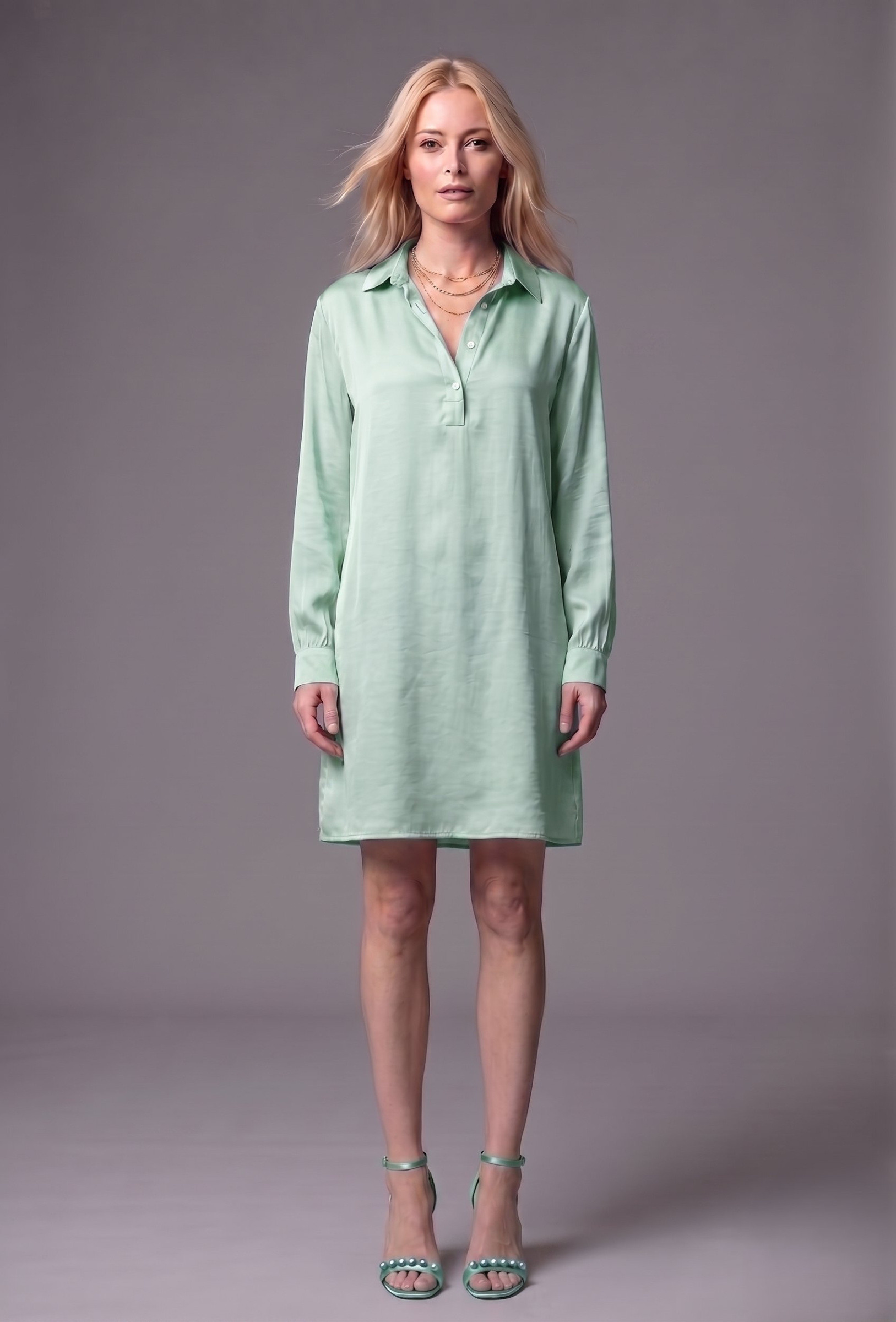 Grossiste Max & Enjoy (Vêtements) - Robe courte col chemise, manches longues en soie mélangée