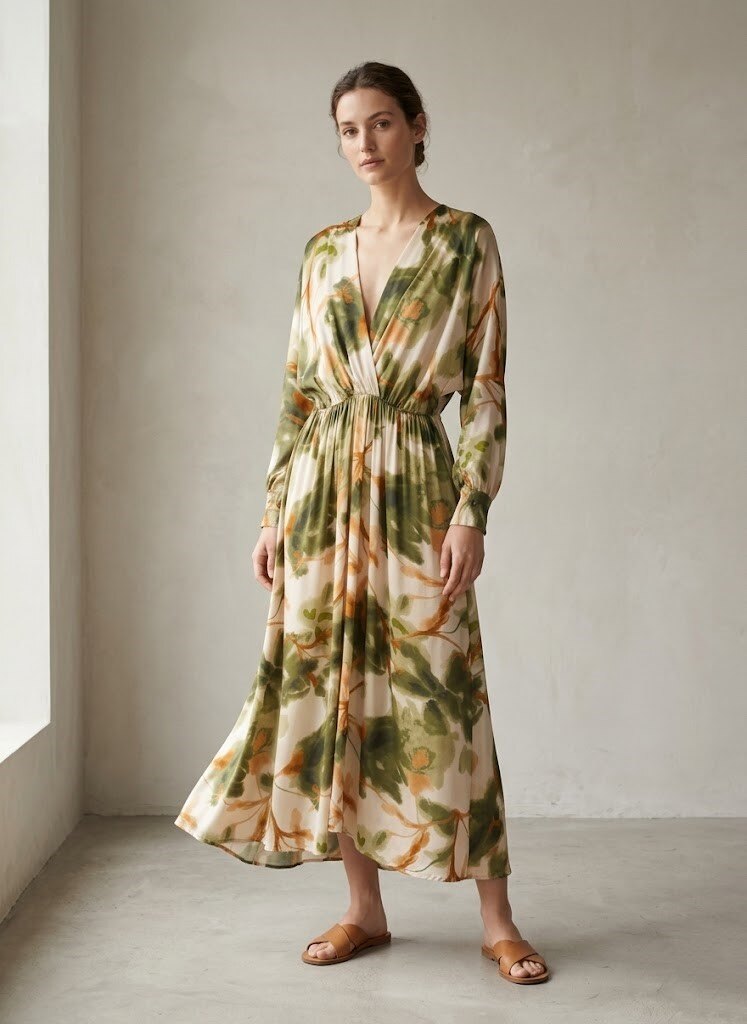 Grossiste Max & Enjoy (Vêtements) - Robe Longue en Soie Satinée Imprimée