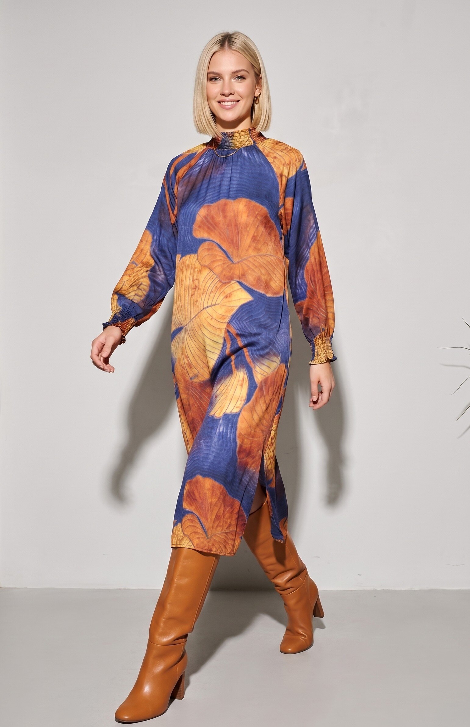 Wholesaler Max & Enjoy (Vêtements) - Long floral GINKGO print dress in blended silk