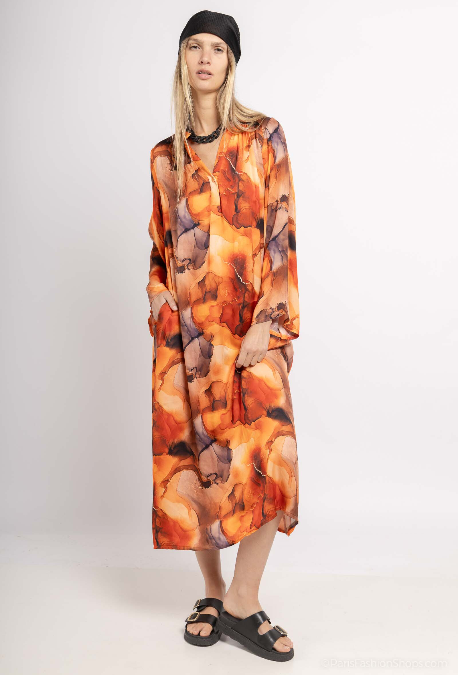 Grossiste Max & Enjoy (Vêtements) - Robe longue oversize "imprimé Tie & dye" en soie mélangée