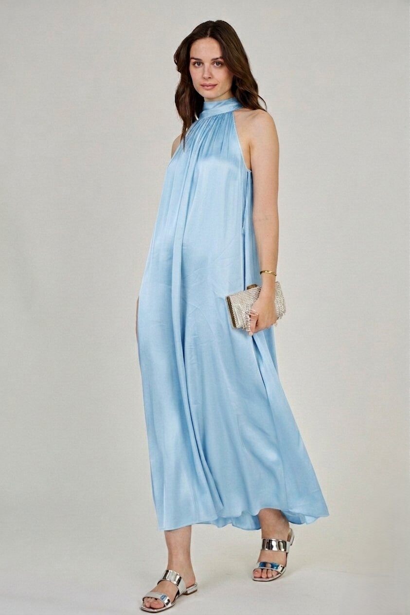 Grossiste Max & Enjoy (Vêtements) - Robe longue col drapé – Soie mélangée satinée