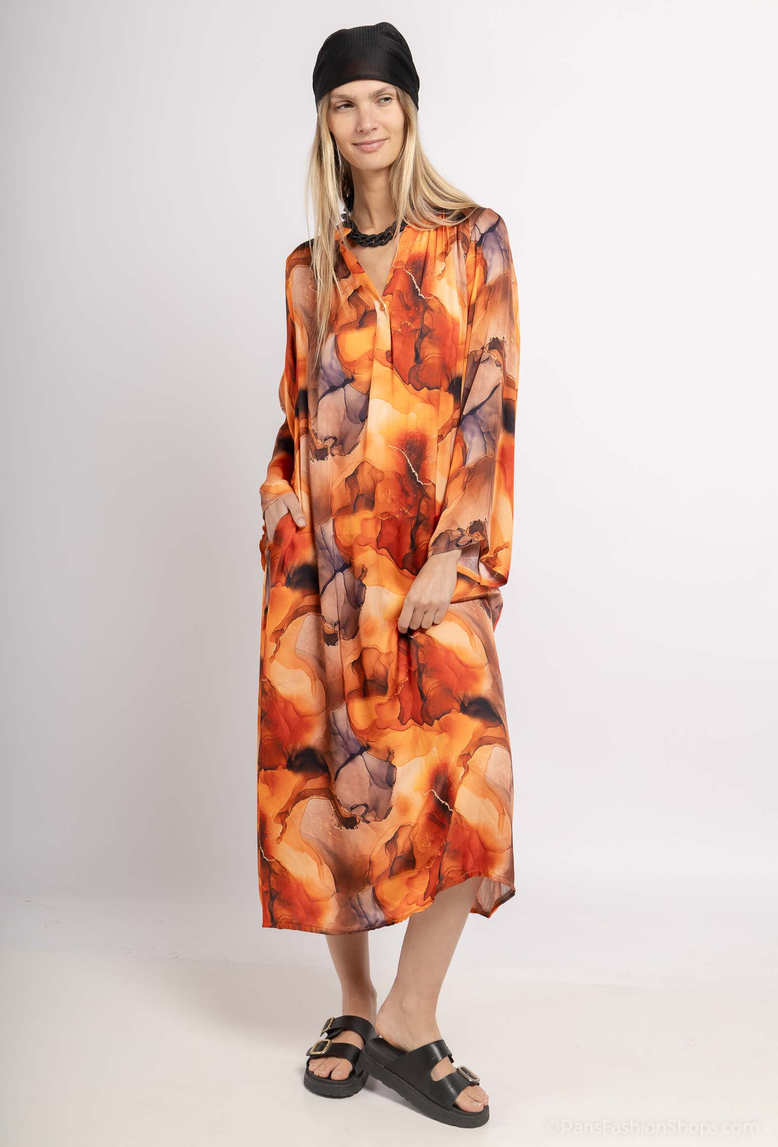 Grossista Max & Enjoy (Vêtements) - Oversize Long Dress V, "Tie & Dye Pattern", maniche svasate, seta mista
