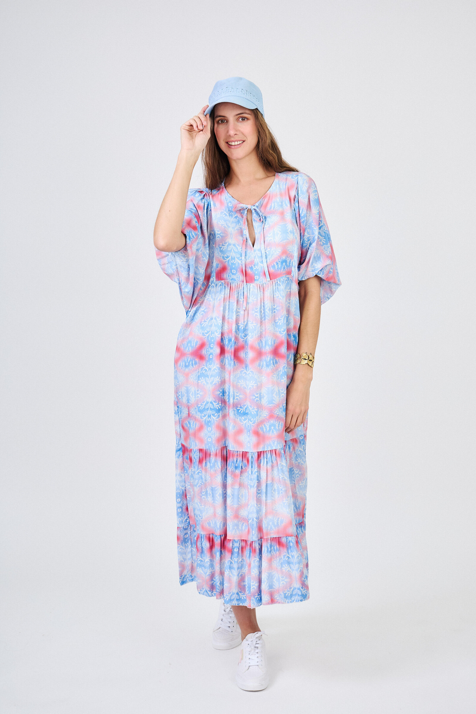 Grossiste Max & Enjoy (Vêtements) - Robe longue oversize imprimée manches ballons 3/4-