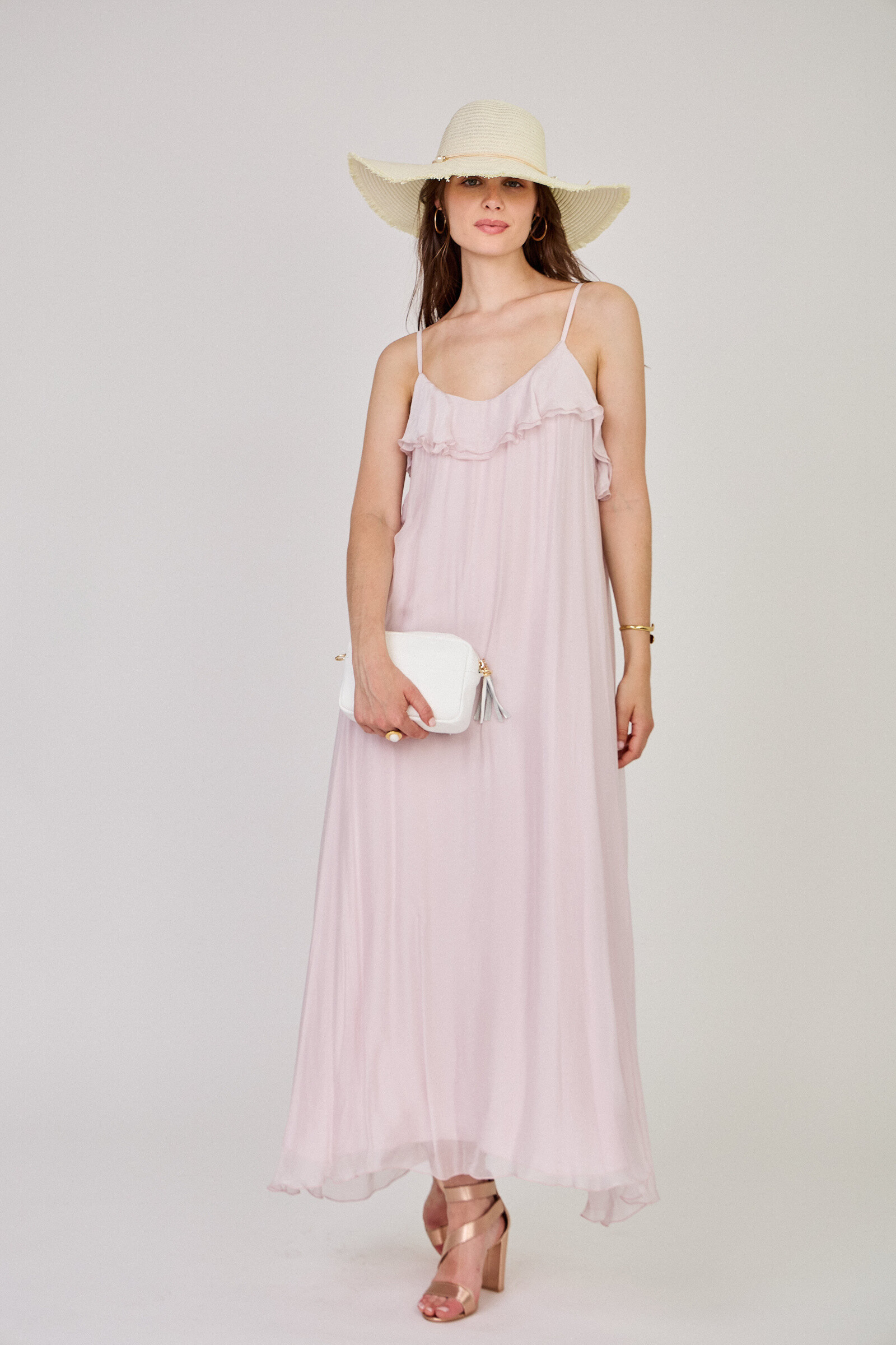 Grossiste Max & Enjoy (Vêtements) - Robe longue volantée à bretelle en soie mélangée - 32282