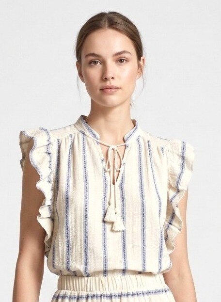 Grossiste Max & Enjoy (Vêtements) - Chemisier BAYADÈRE Romantique à Volants et Pampilles