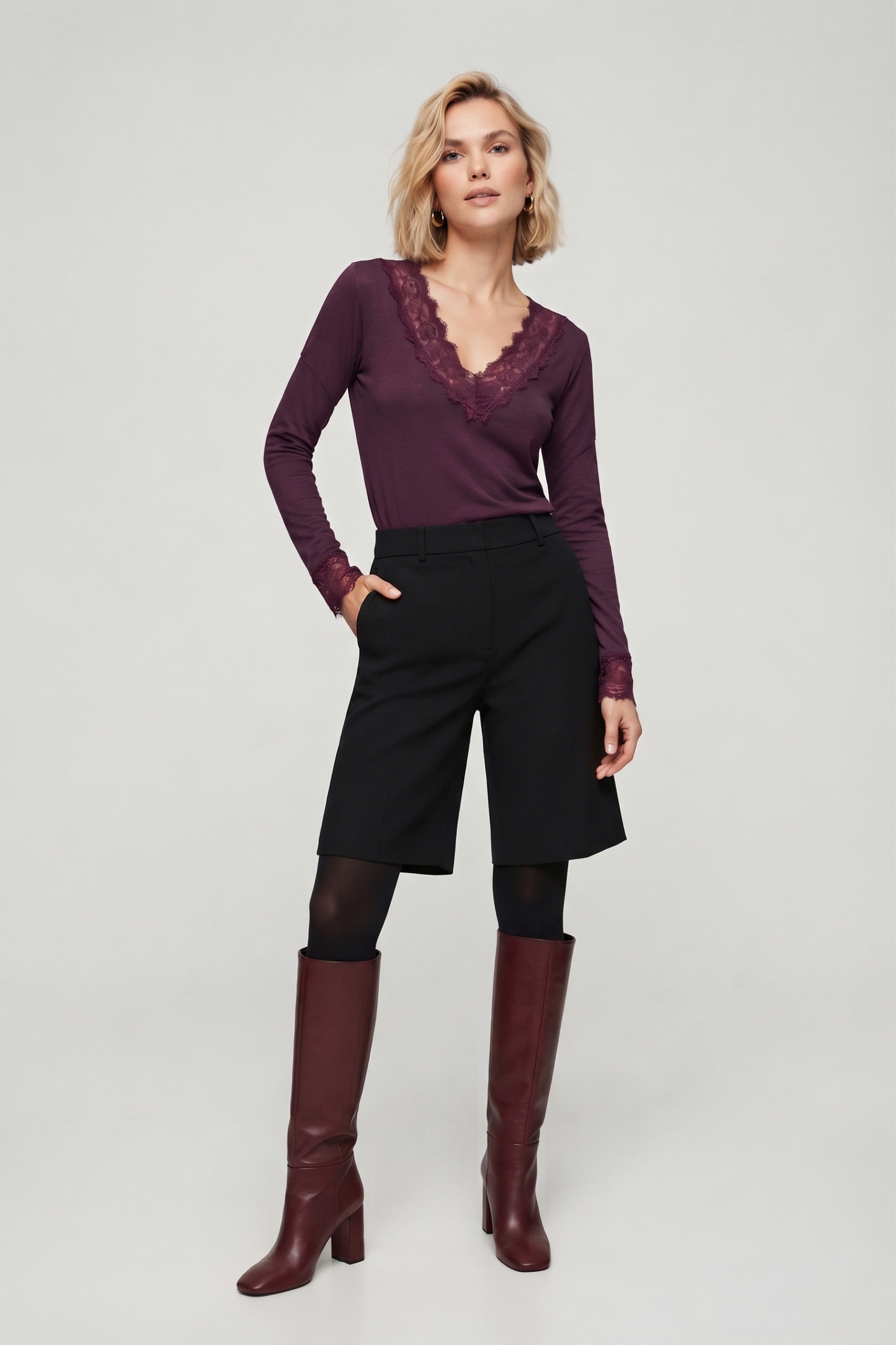 Mayorista Max & Enjoy (Vêtements) - Top de cachemira mezclada con efecto segunda piel, cuello en V de encaje, mangas largas,