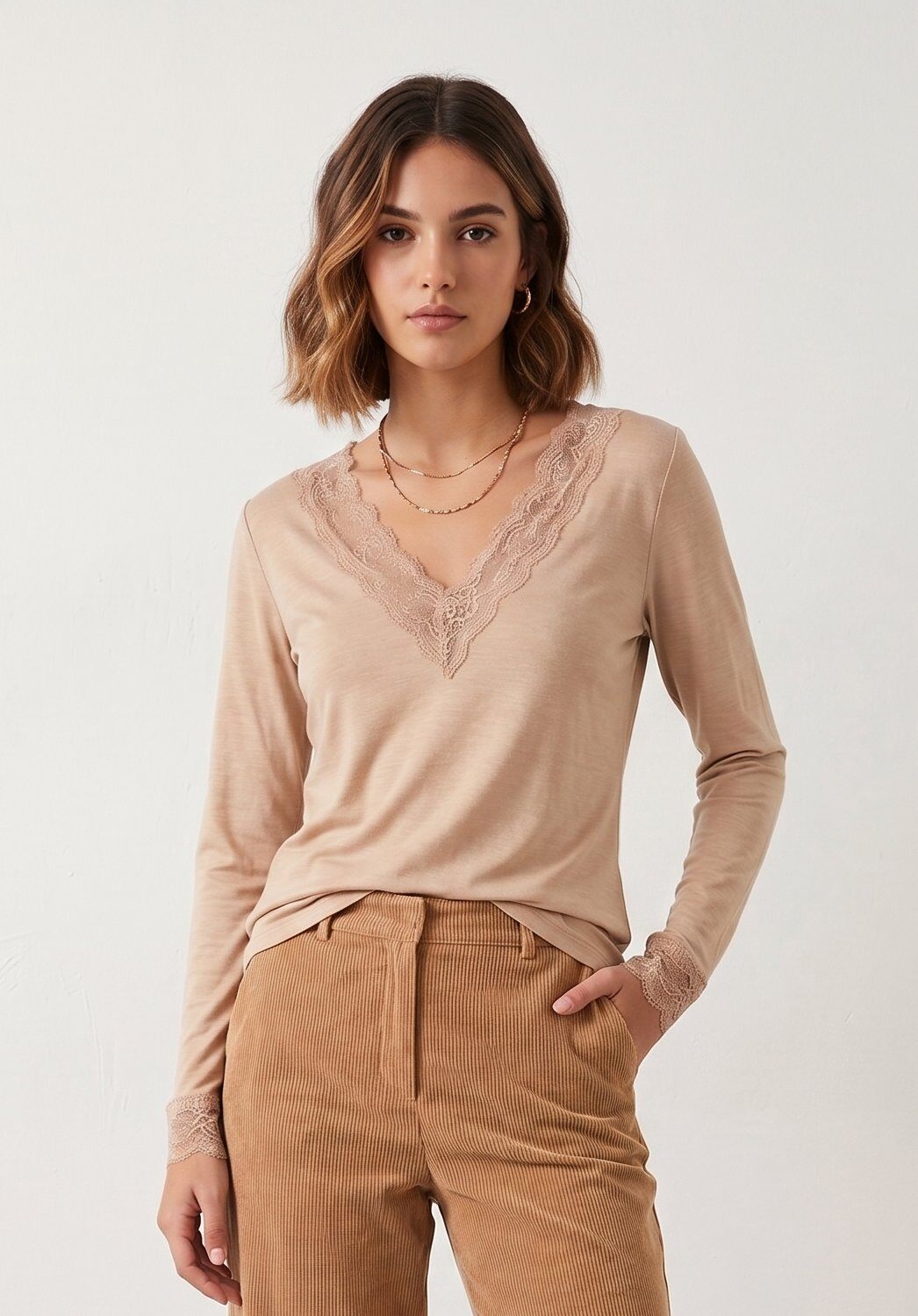 Grossiste Max & Enjoy (Vêtements) - Sous pull seconde peau en cachemire mélangé, col v avec dentelle