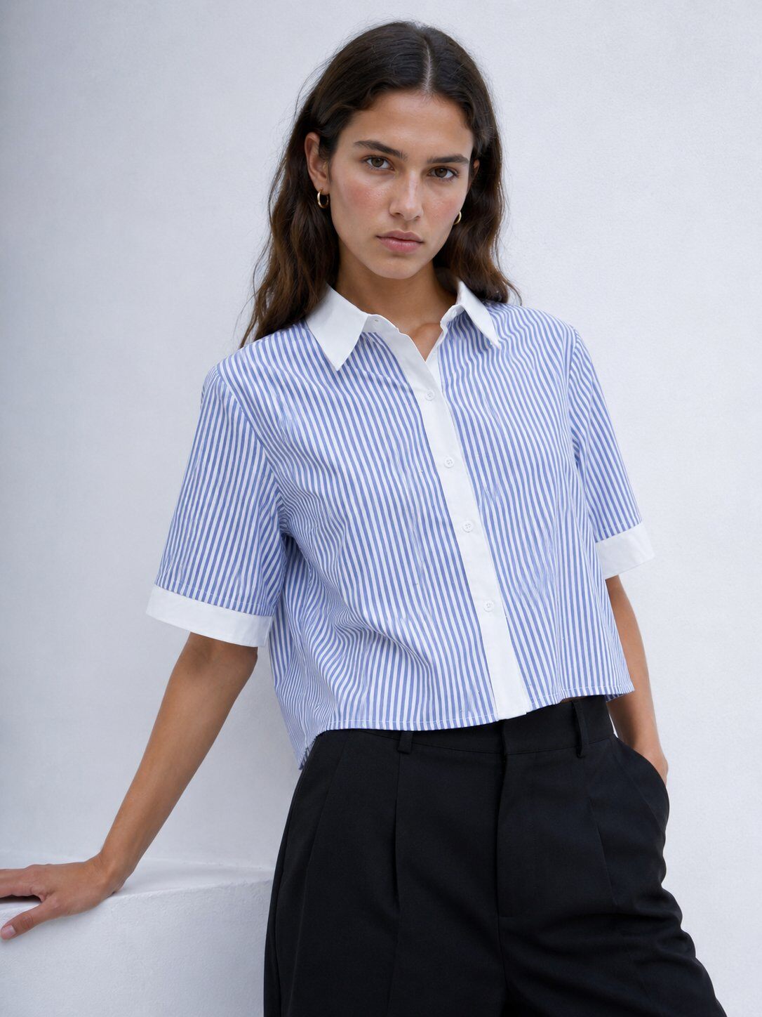 Mayorista max long - Camisa crop a rayas con strass