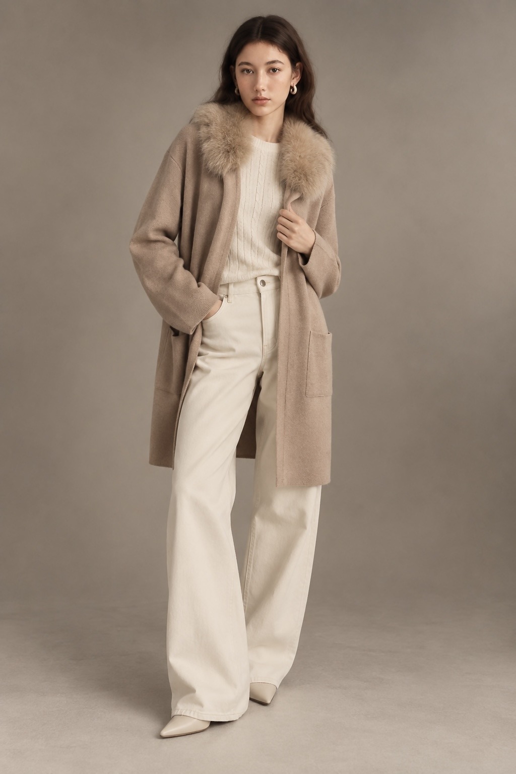 Grossiste max long - MANTEAU EN MAILLE AVEC CAPUCHE EN FAUSSE FOURRURE
