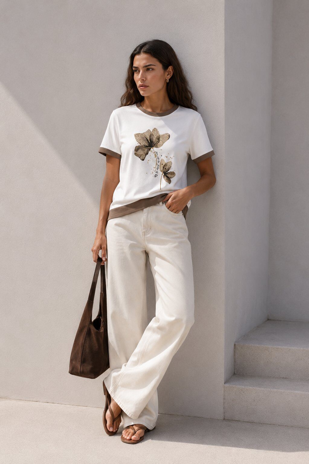 Mayorista max long - Camiseta con estampado floral en contraste
