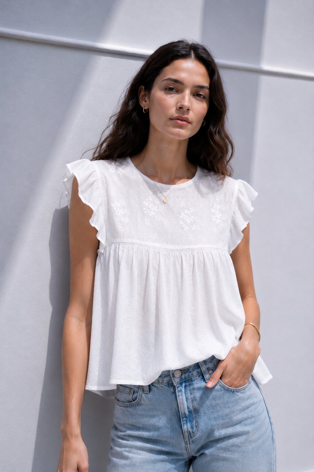 Wholesaler max long - Embroidered blouse top with ruffles