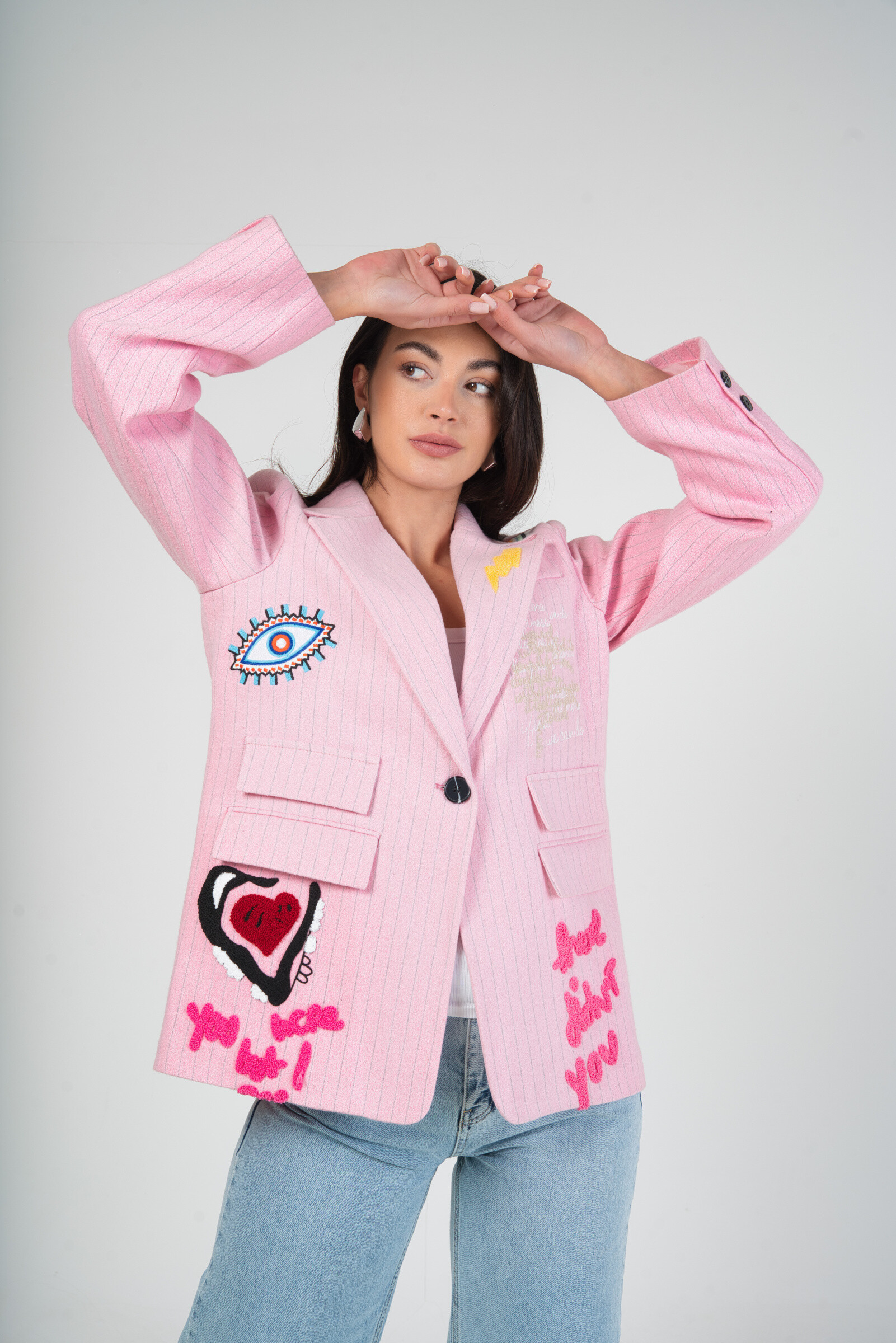 Blazer Jacke mit farbiger Stickerei und Patch! - Rose Schatten - 2 - Großformat