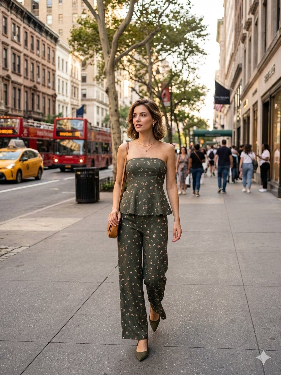 Mayorista MAY MODA - Conjunto de top bandeau con elástico en la espalda y pantalón estampado