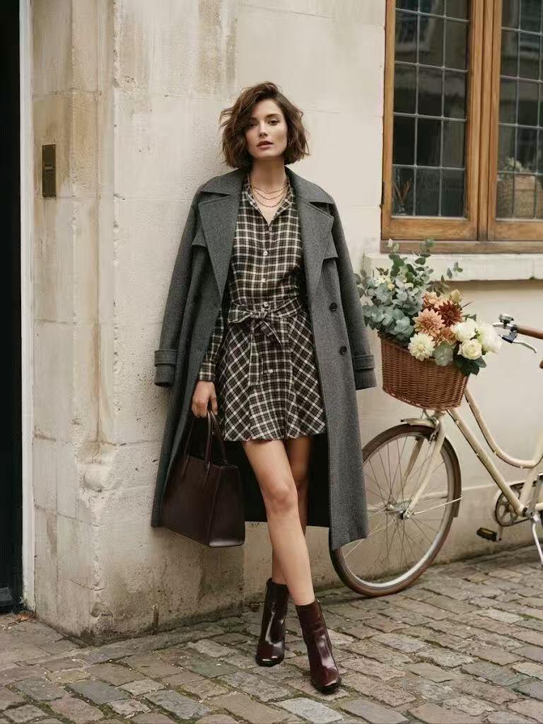 Wholesaler MAY MODA - Plaid dress with long sleeves, shirt collar, and waist tie