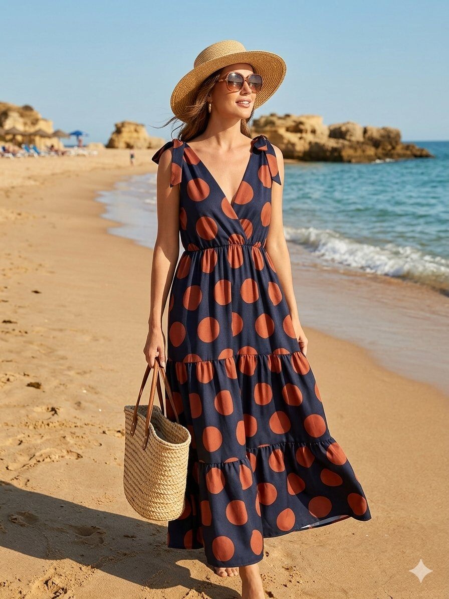 Wholesaler MAY MODA - Polka dot printed dress with crossover V-neck and shoulder ties