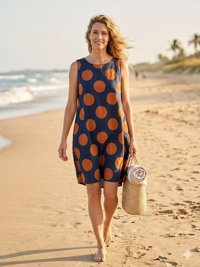 Wholesaler MAY MODA - Polka dot printed dress round neck sleeveless button at back side pockets