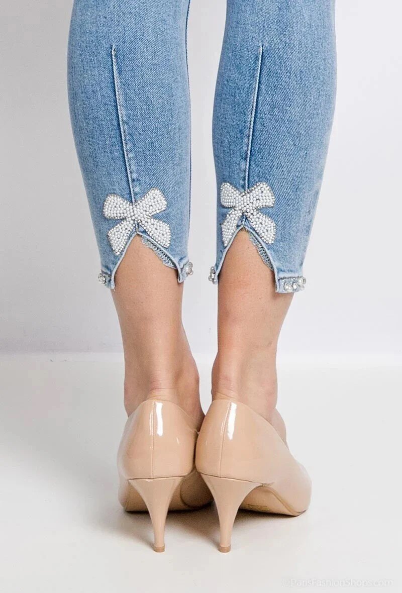 Großhändler Melena Diffusion - Slim Jeans mit Schleifen-Strassverzierungen