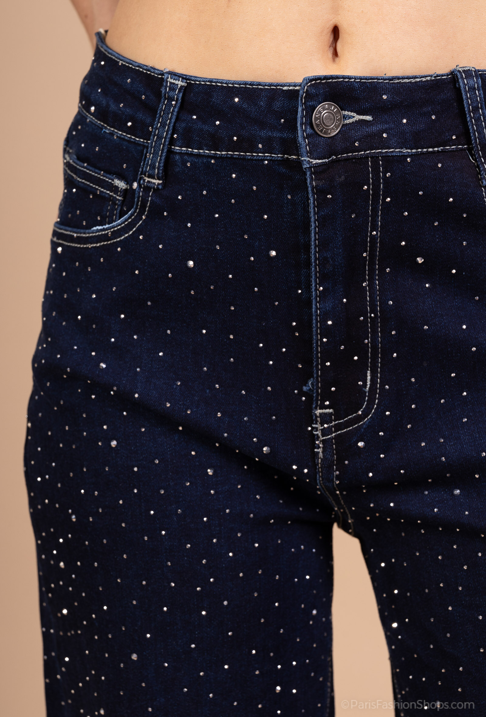 Grossiste Melena Diffusion - JEANS EXTRA WIDE LEG TAILLE HAUTE ORNÉ DE STRASS