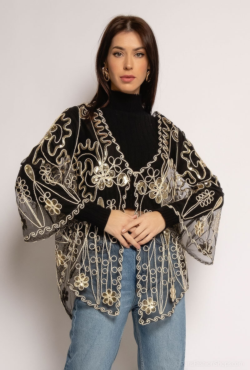 Grossiste Melena Diffusion - Kimono transparent à broderie et sequins
