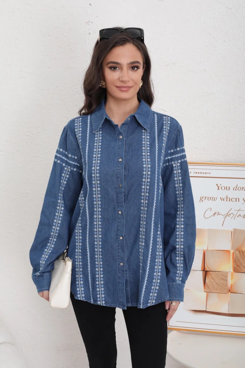 Embroidered Washed Denim Blouse - Image 1