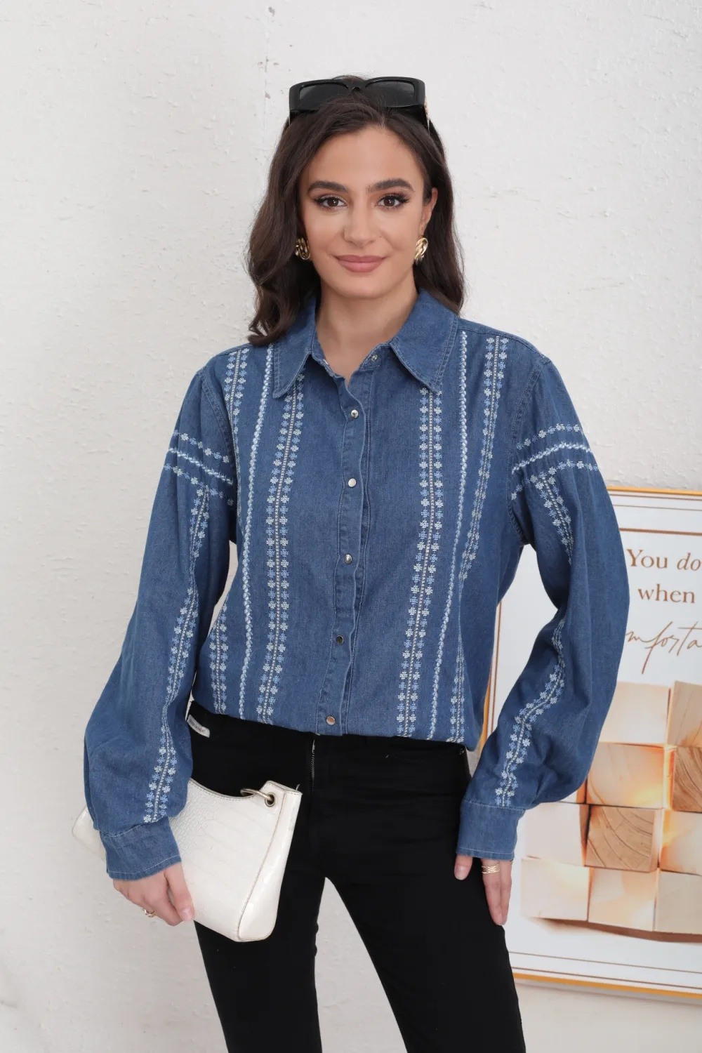 Embroidered Washed Denim Blouse - Image 2