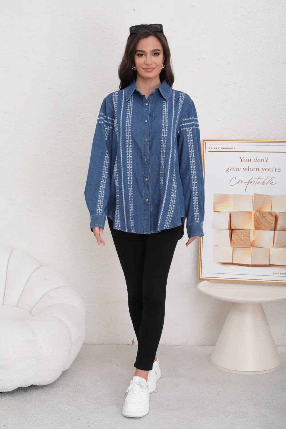 Embroidered Washed Denim Blouse - Image 4