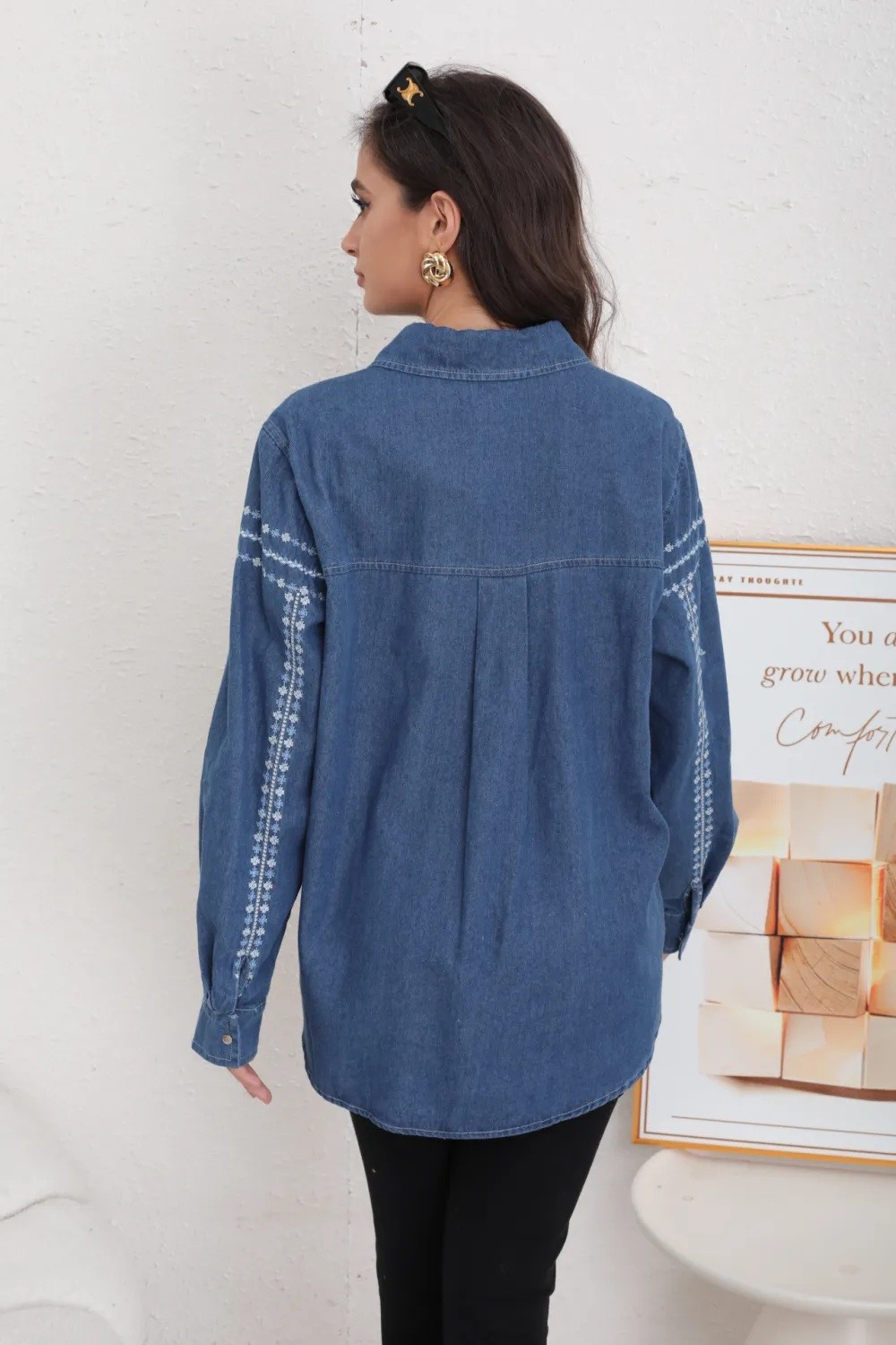 Embroidered Washed Denim Blouse - Image 5