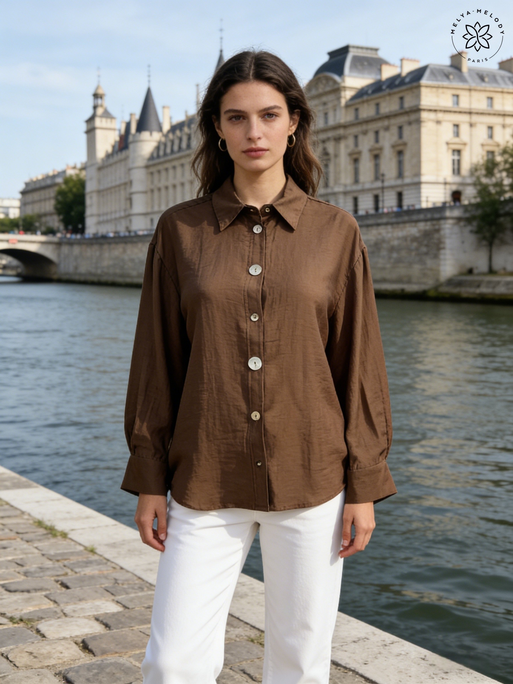 Chemise unie en mélange de lin avec boutons nacre - Image 3