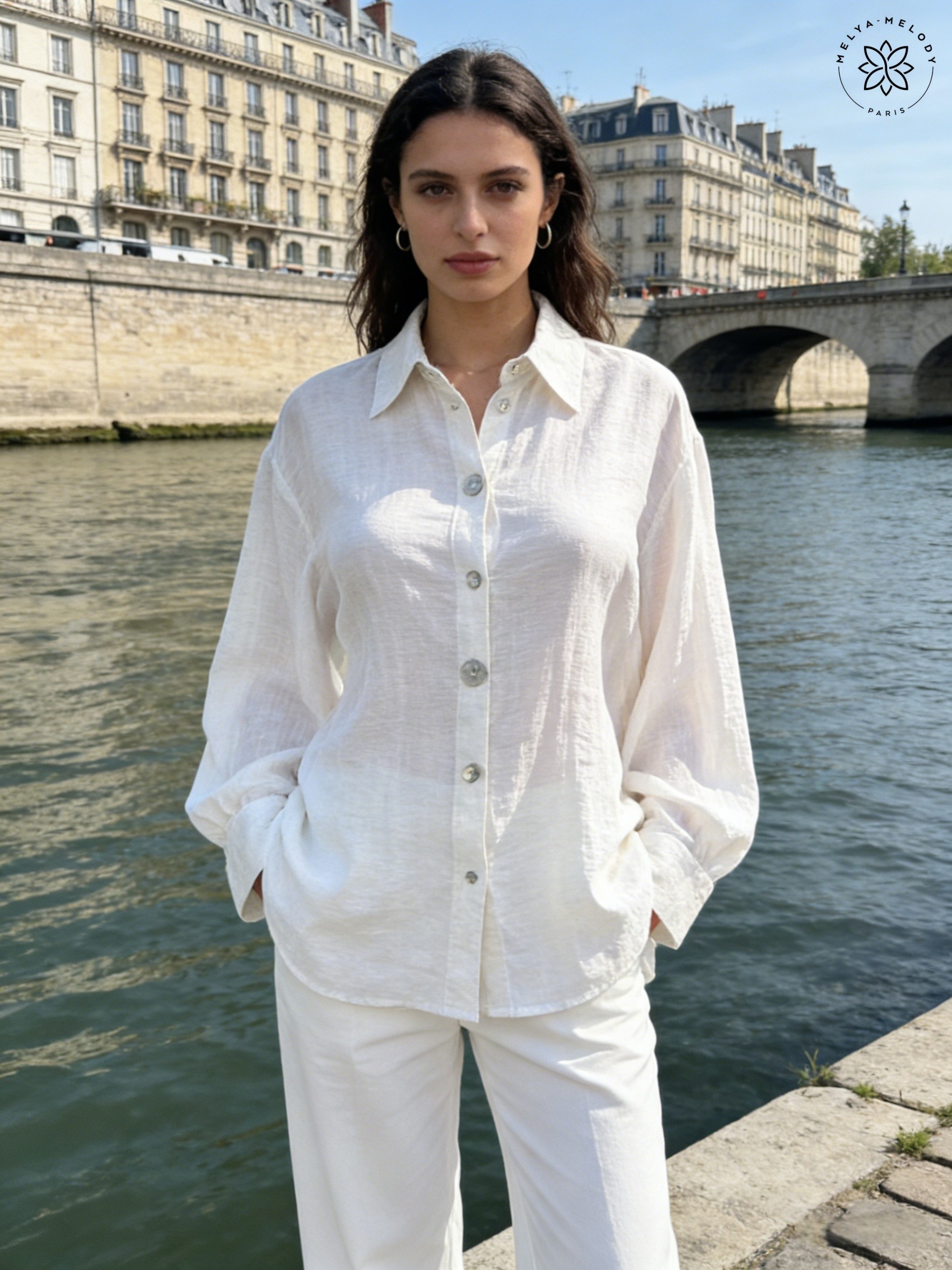 Chemise unie en mélange de lin avec boutons nacre - Image 2