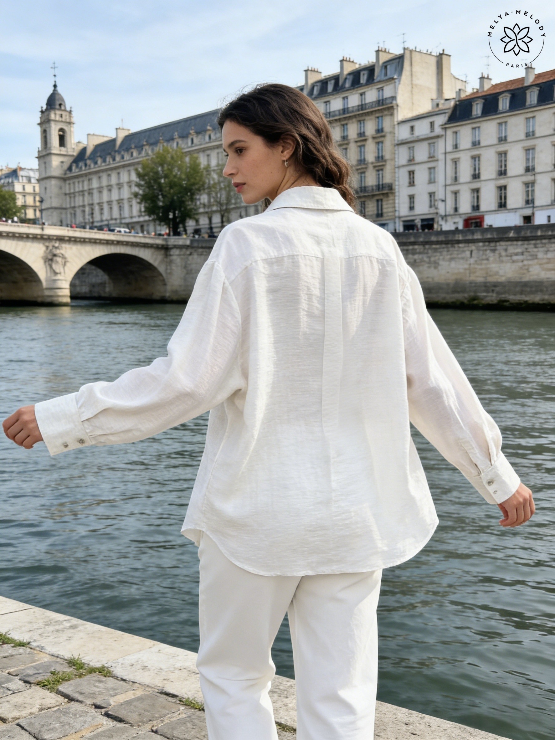 Chemise unie en mélange de lin avec boutons nacre - Image 5