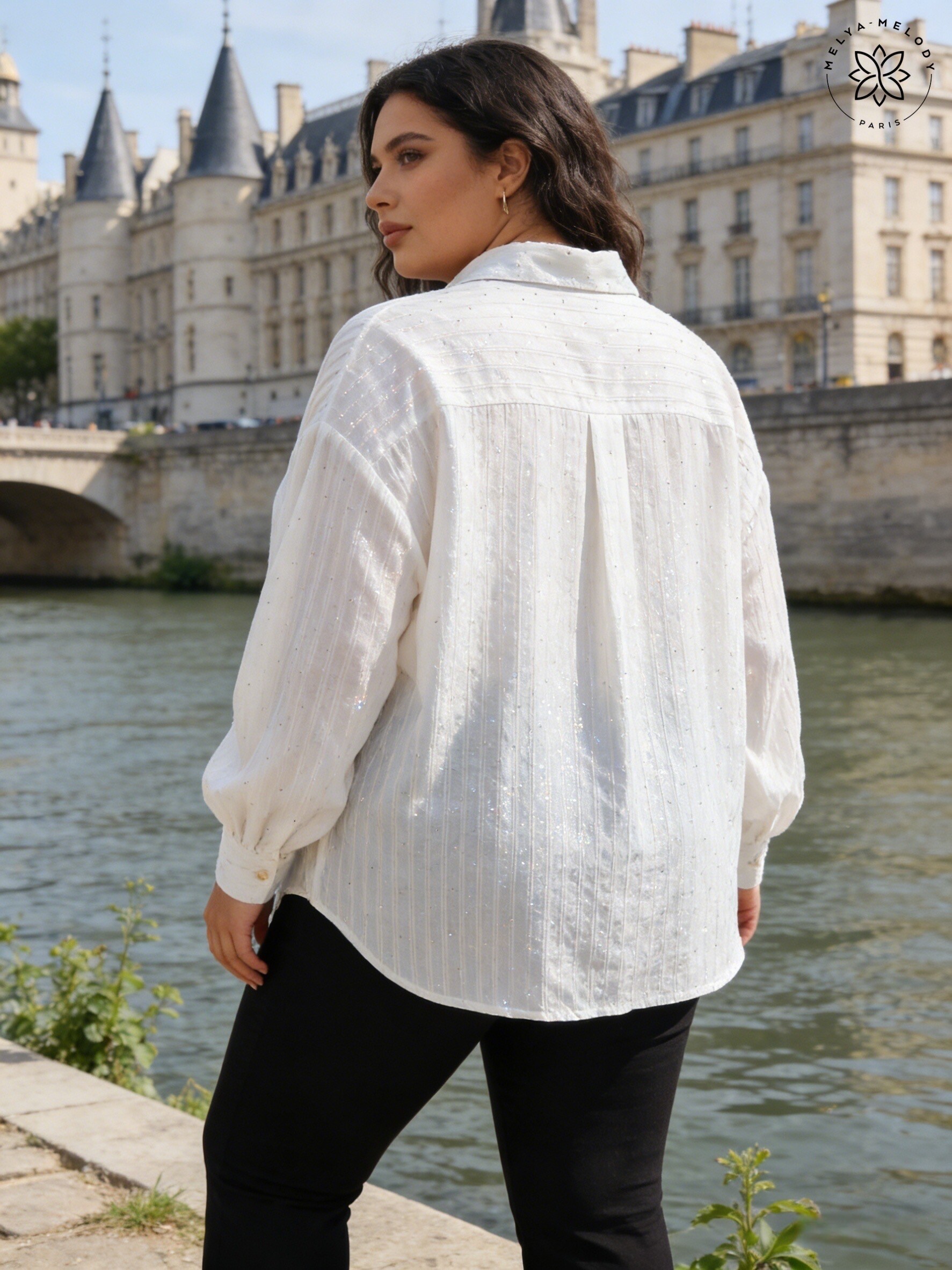 Chemise Grande Taille Rayée Effet Lin en Strass - Image 5