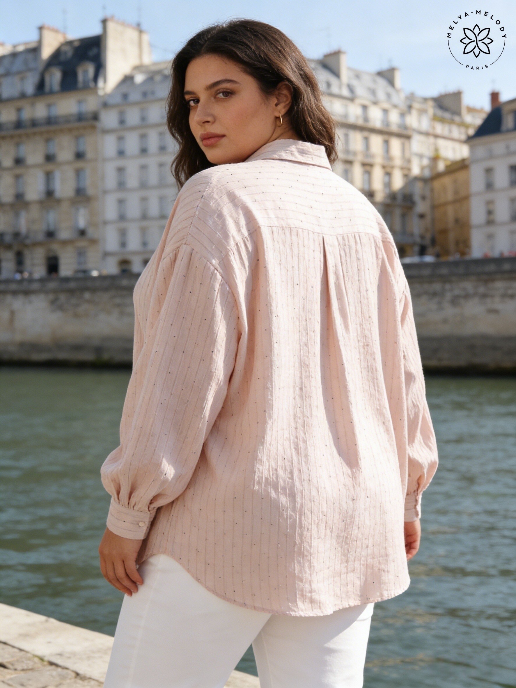 Chemise Grande Taille Rayée Effet Lin en Strass - Image 7