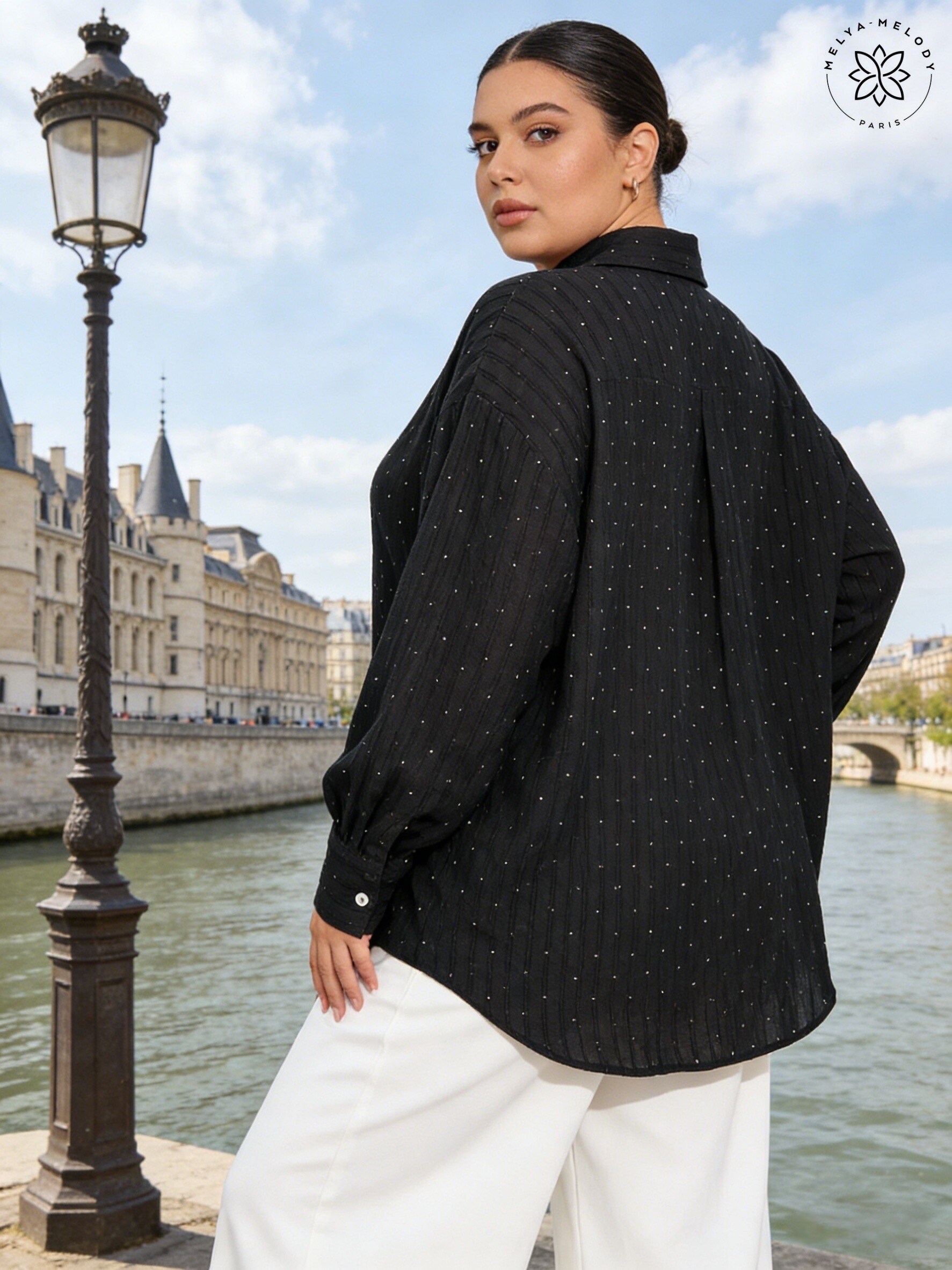 Chemise Grande Taille Rayée Effet Lin en Strass - Image 6