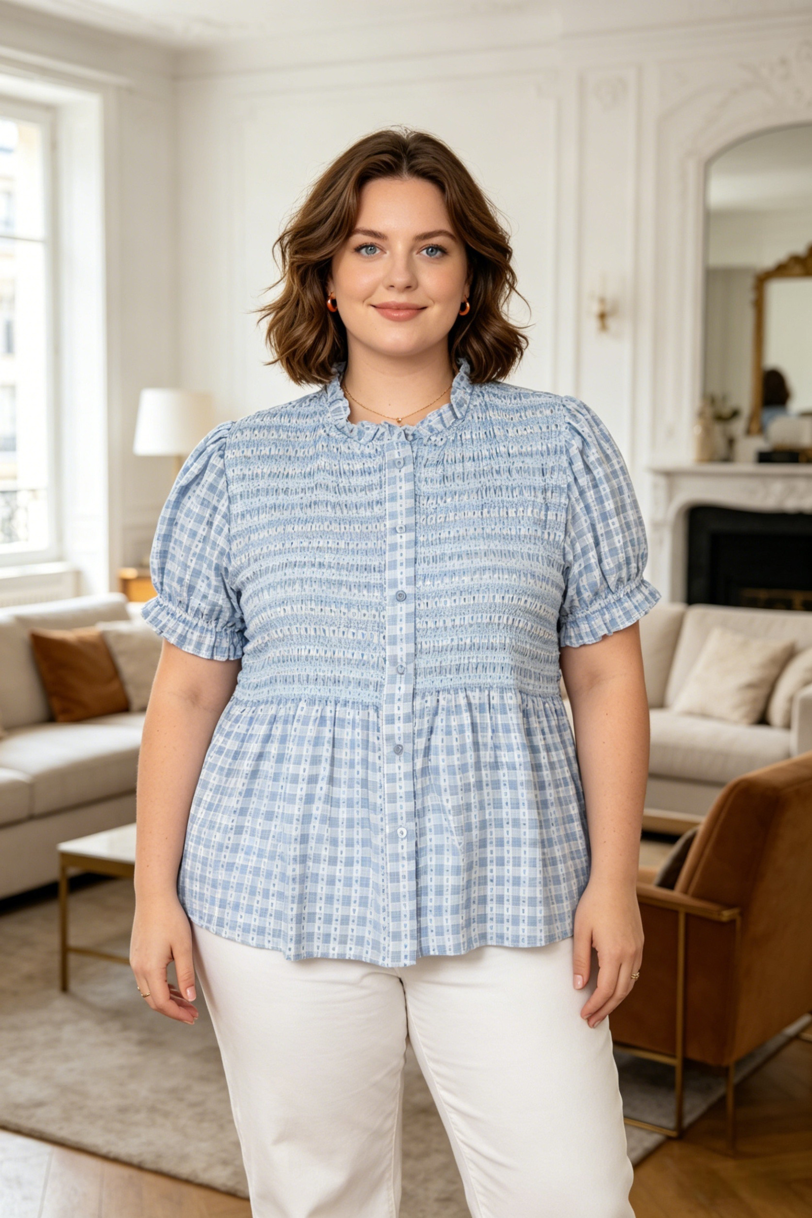 Plus Size Heart Print Short Sleeve Smocky Shirt - Image 2