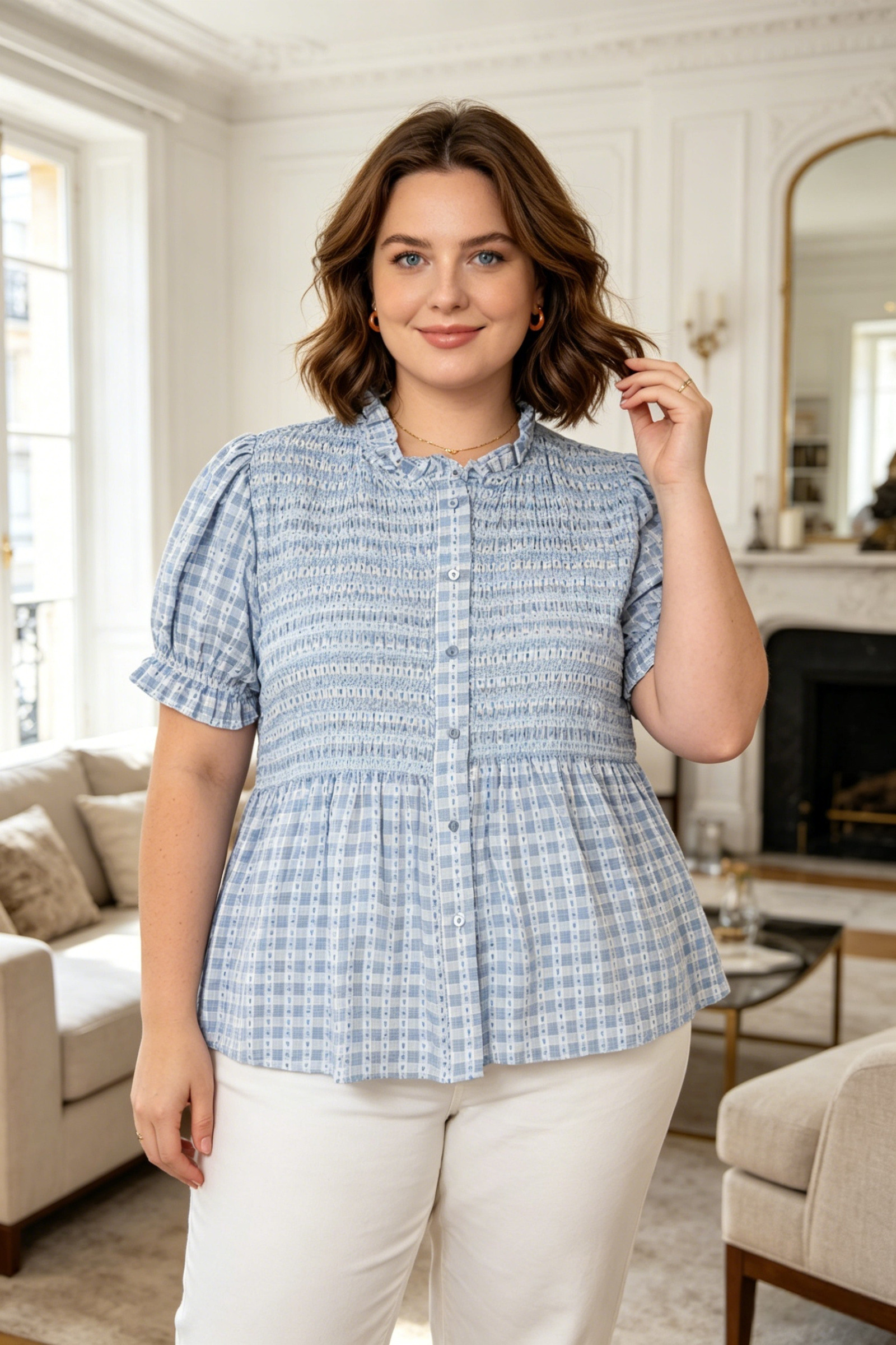 Plus Size Heart Print Short Sleeve Smocky Shirt - Image 4