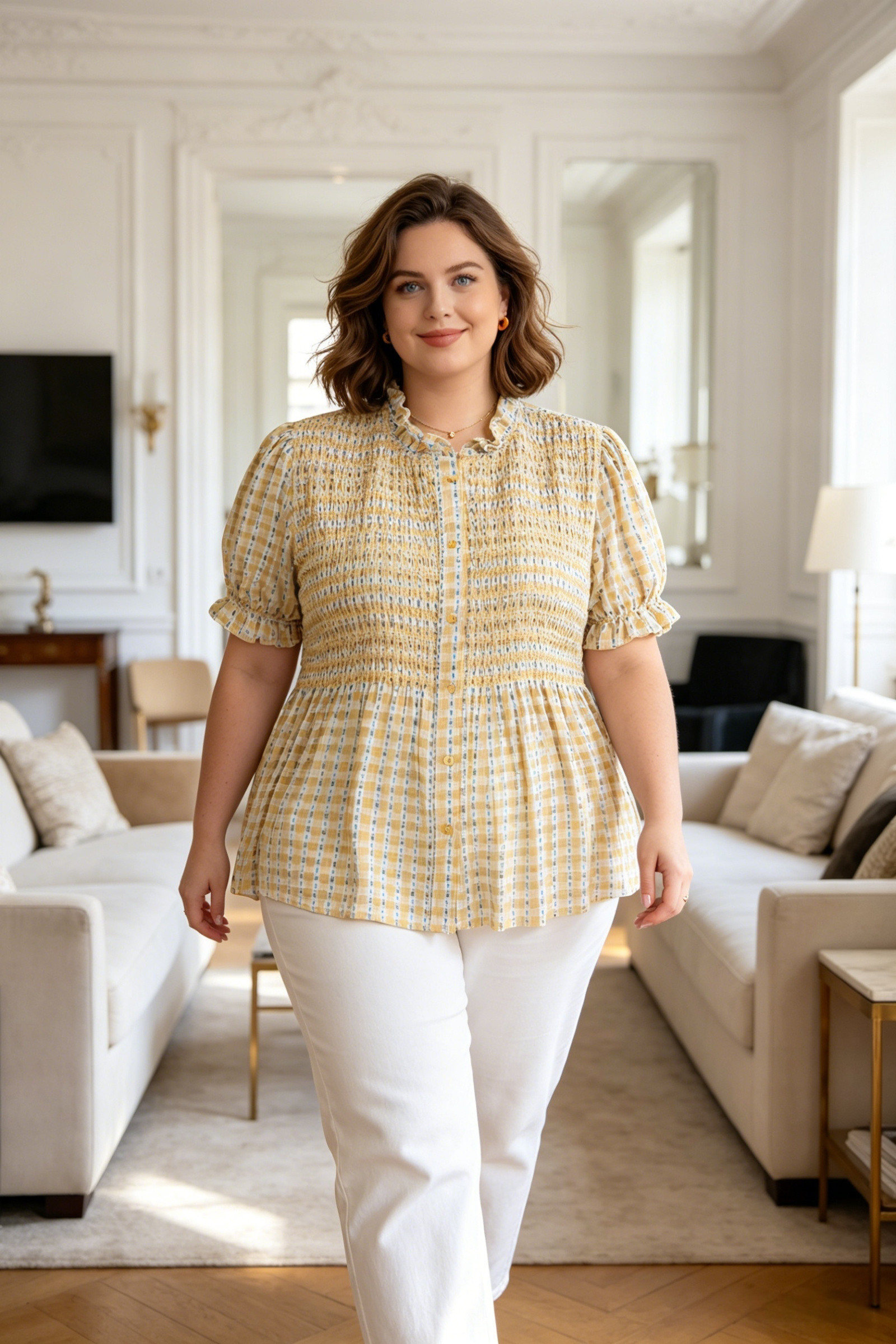 Plus Size Heart Print Short Sleeve Smocky Shirt - Image 1