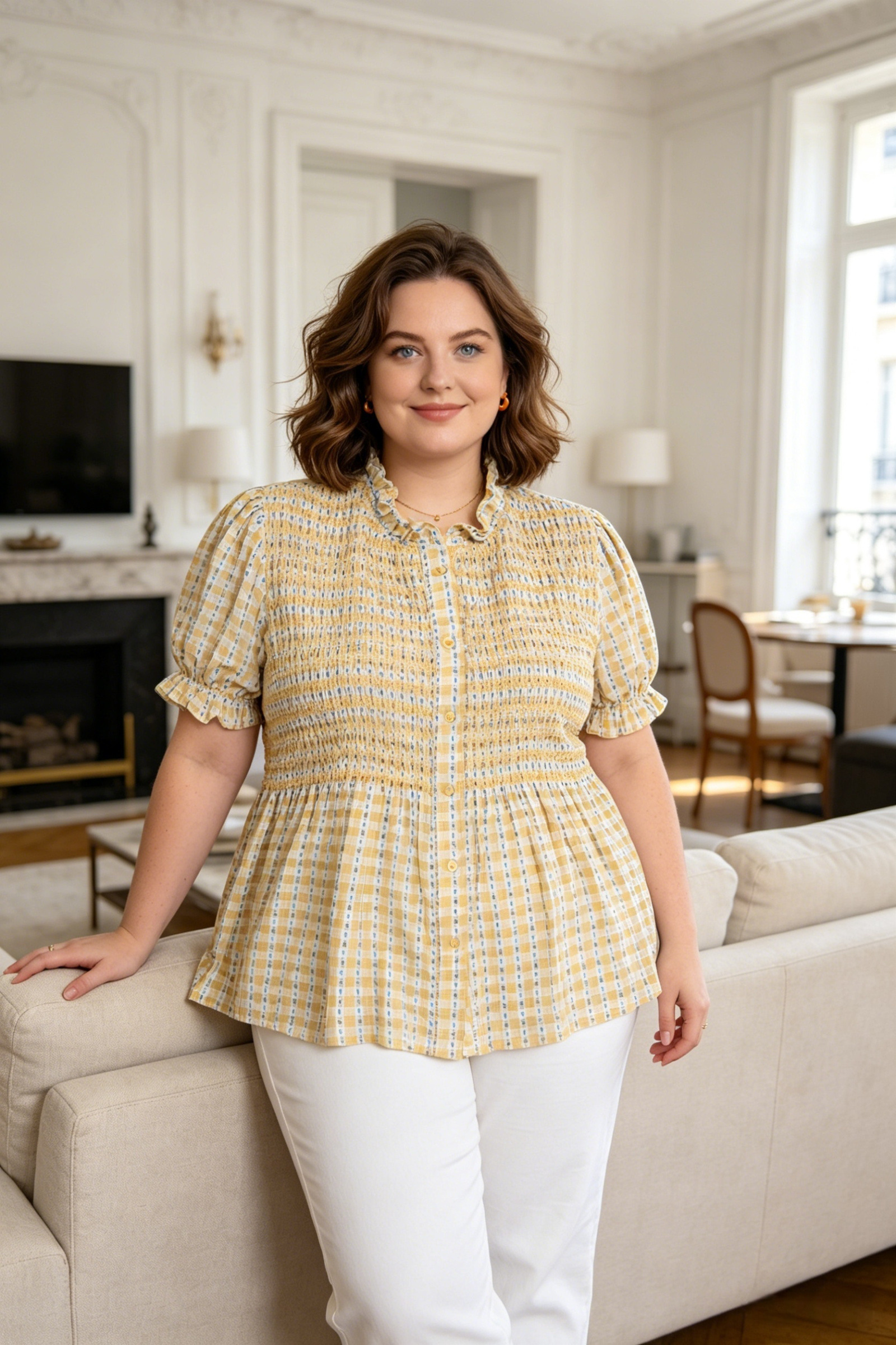 Plus Size Heart Print Short Sleeve Smocky Shirt - Image 3